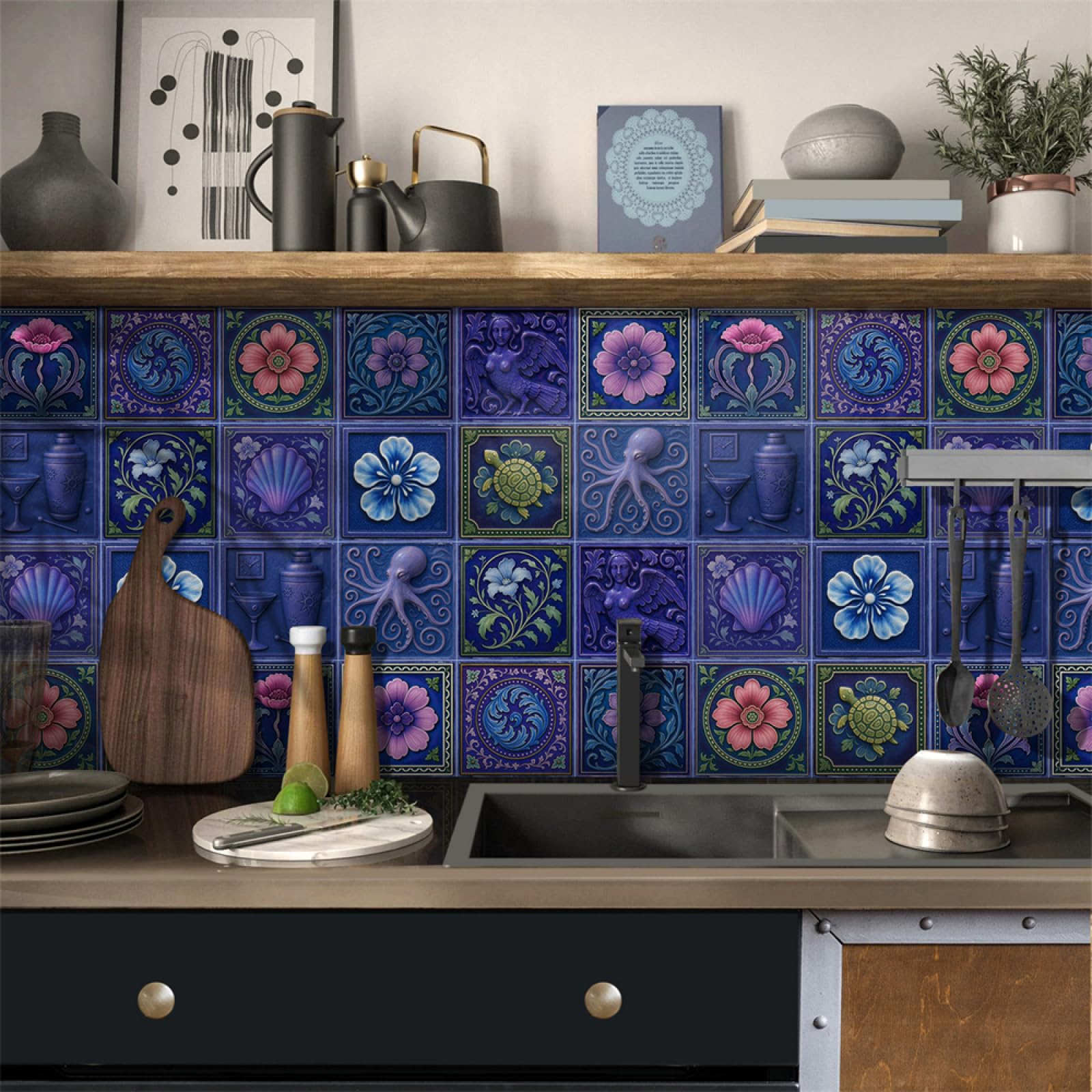Tile Decals, Deep Purple Tile Stickers Transfers,Peel and Stick Wall Self Adhesive Vinyl Home Decor(20X20CM/24PCS)