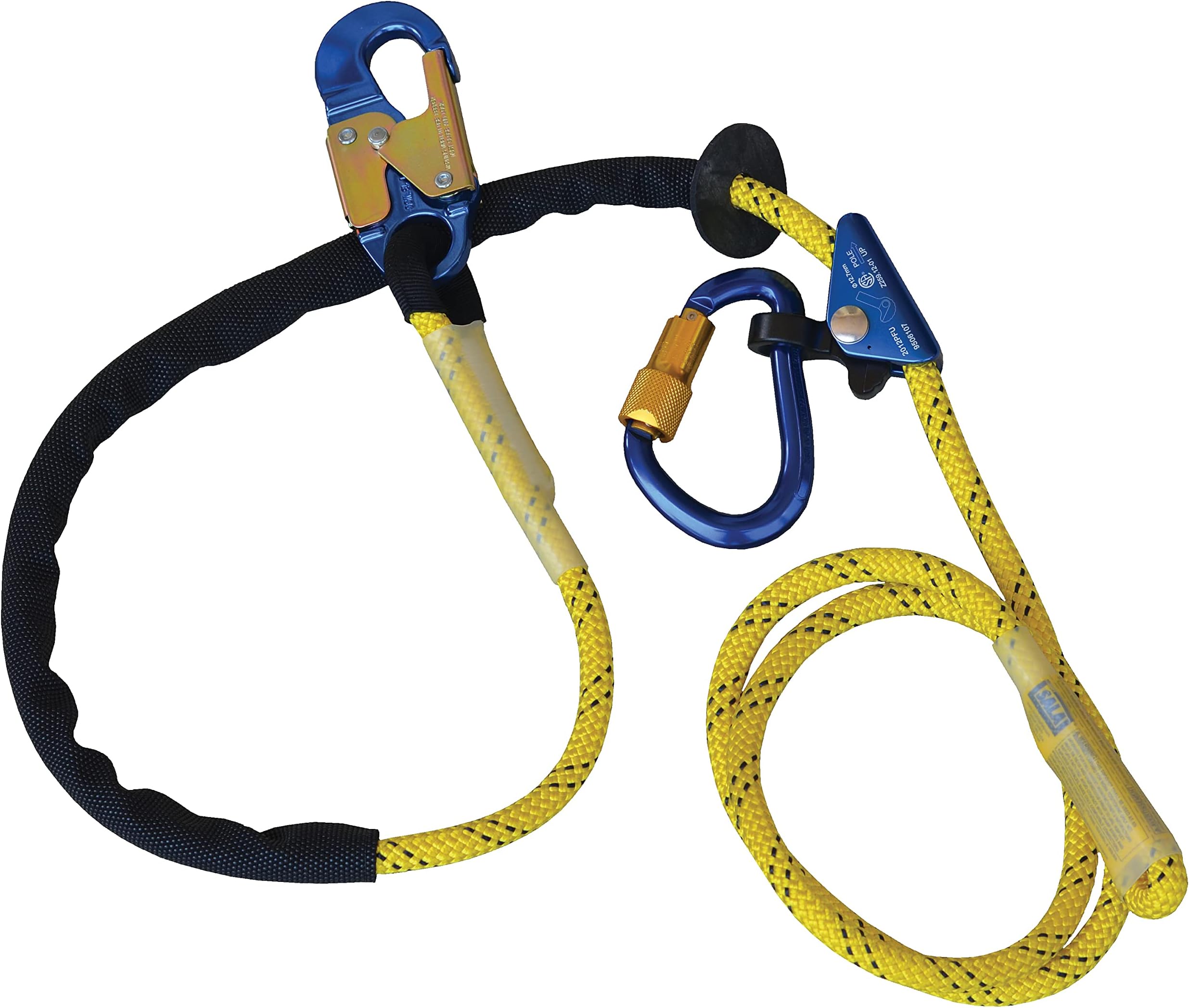 DBI-SALA Adjustable Rope Positioning Lanyard, Rope Adjuster, Aluminum Carabiner, Snap Hook, 8', Yellow/Blue