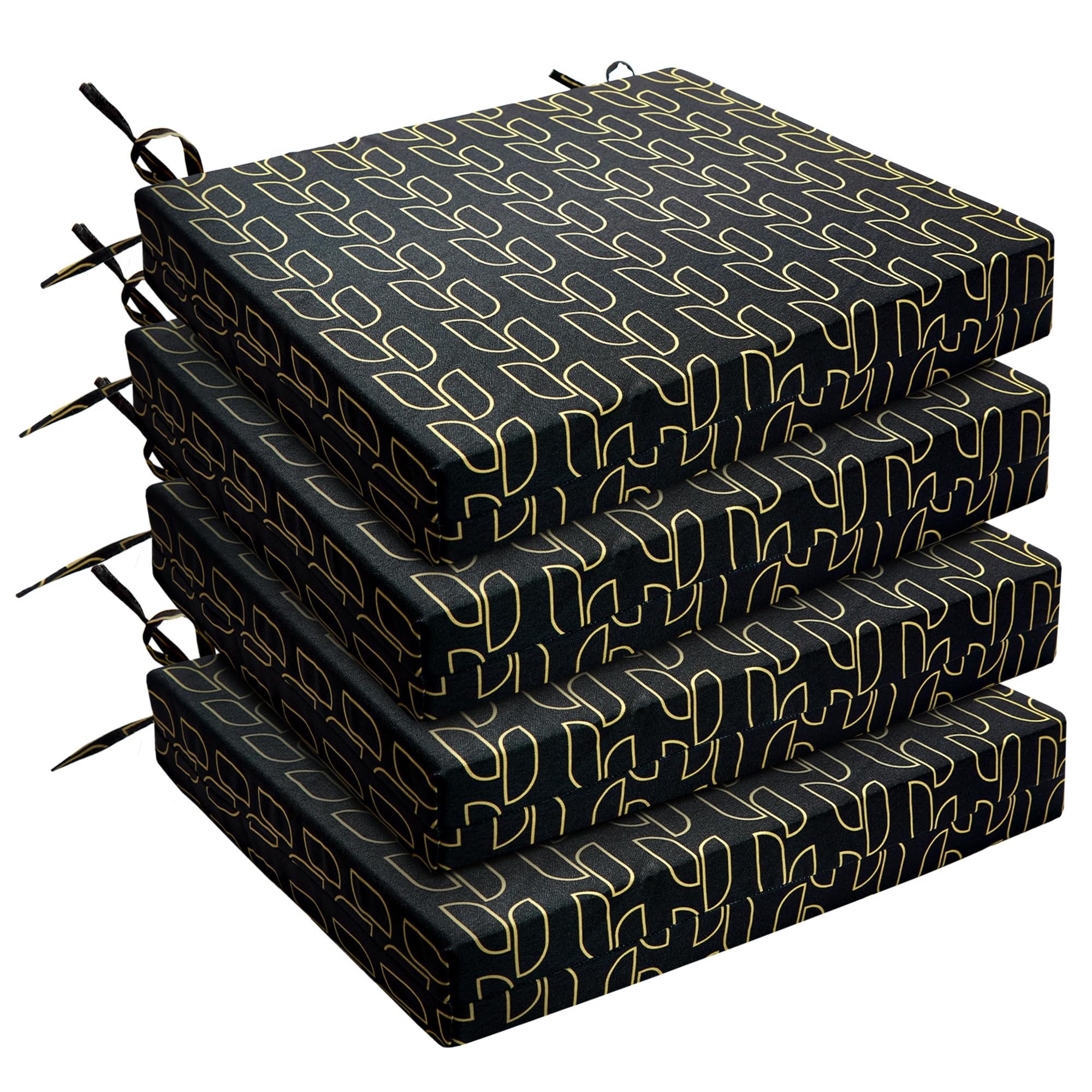 Outdoor Chair Cushions Pack of 4, Water Resistant Patio Cushions with Ties, High Density Sponge Filling Square Corner Seat Cushions for Outdoor Furniture, 18.5"*16"*3", Black/Yellow