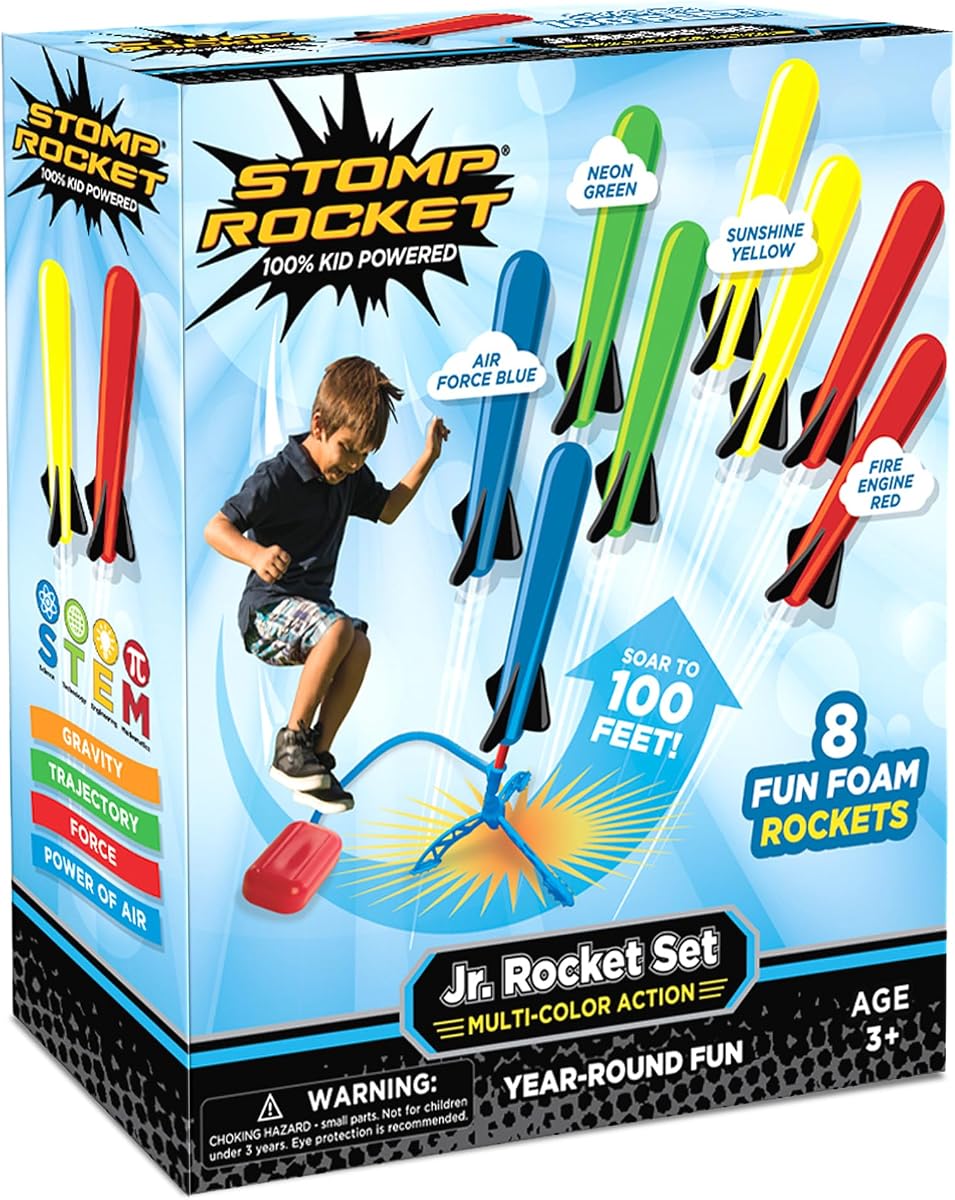 Stomp Rocket Jr Multi-Color Rocket Launcher for Kids, 8 Rockets | Fun Outdoor Toys for Boys & Girls, Ages 3 & Up - Soft Foam Blaster Set Soars Up to 100ft - STEM Toys for Outside & Backyard