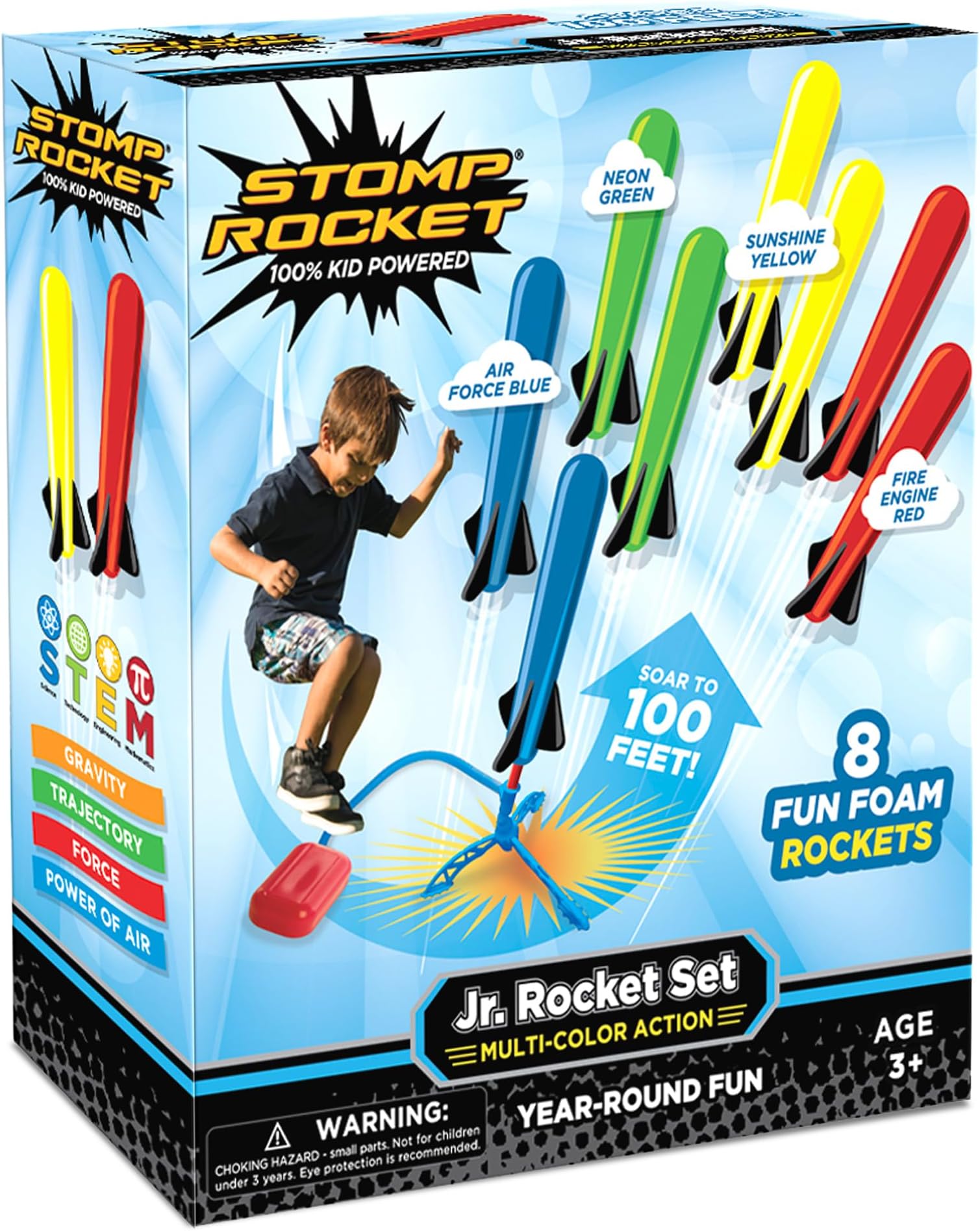 Stomp Rocket Jr Multi-Color Rocket Launcher for Kids, 8 Rockets - Fun Outdoor Kids Gifts for Boys & Girls - STEM Toy Foam Blaster Set Soars Up to 100 Feet - Ages 3 & Up