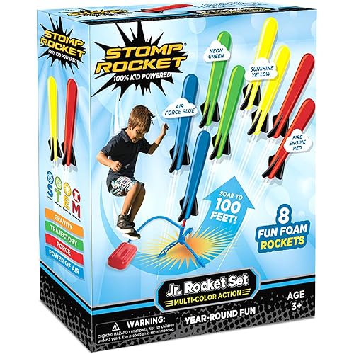 Stomp Rocket Jr Multi-Color Rocket Launcher for Kids, 8 Rockets - Fun Outdoor Kids Gifts for Boys & Girls - STEM Toy Foam Blaster Set Soars Up to 100 Feet - Ages 3 & Up