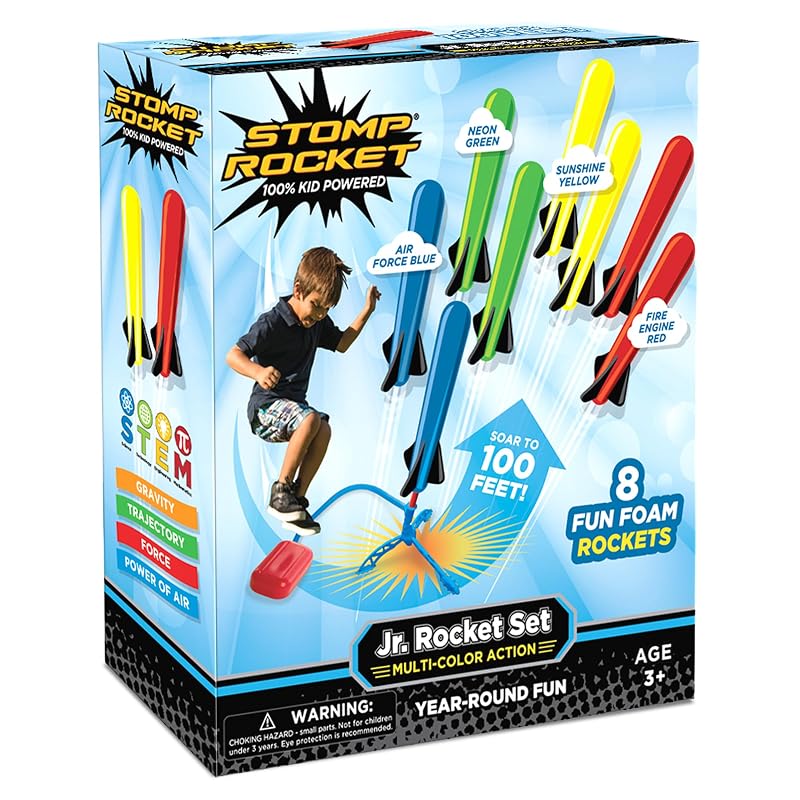 Stomp Rocket Jr Multi-Color Rocket Launcher for Kids, 8 Rockets Jr Rocket Multicolor 8 Pack