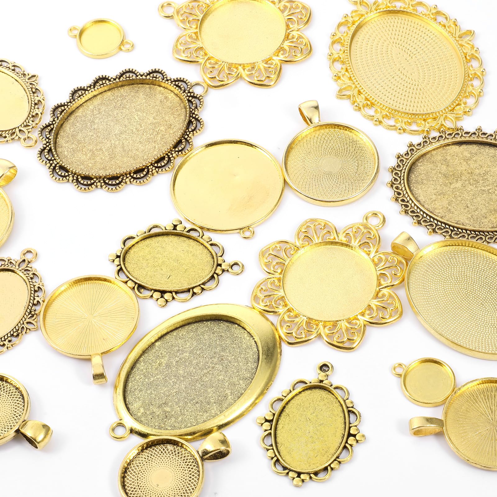 Apojgitn 100G Random Metal Tray: Assorted Bezel Necklace Blank Charms, Pendant Bezels for Resin Jewelry Making with Glass Cabochons, Bails, Ring Blanks, Jewelry Bails & Findings(Blind Box)