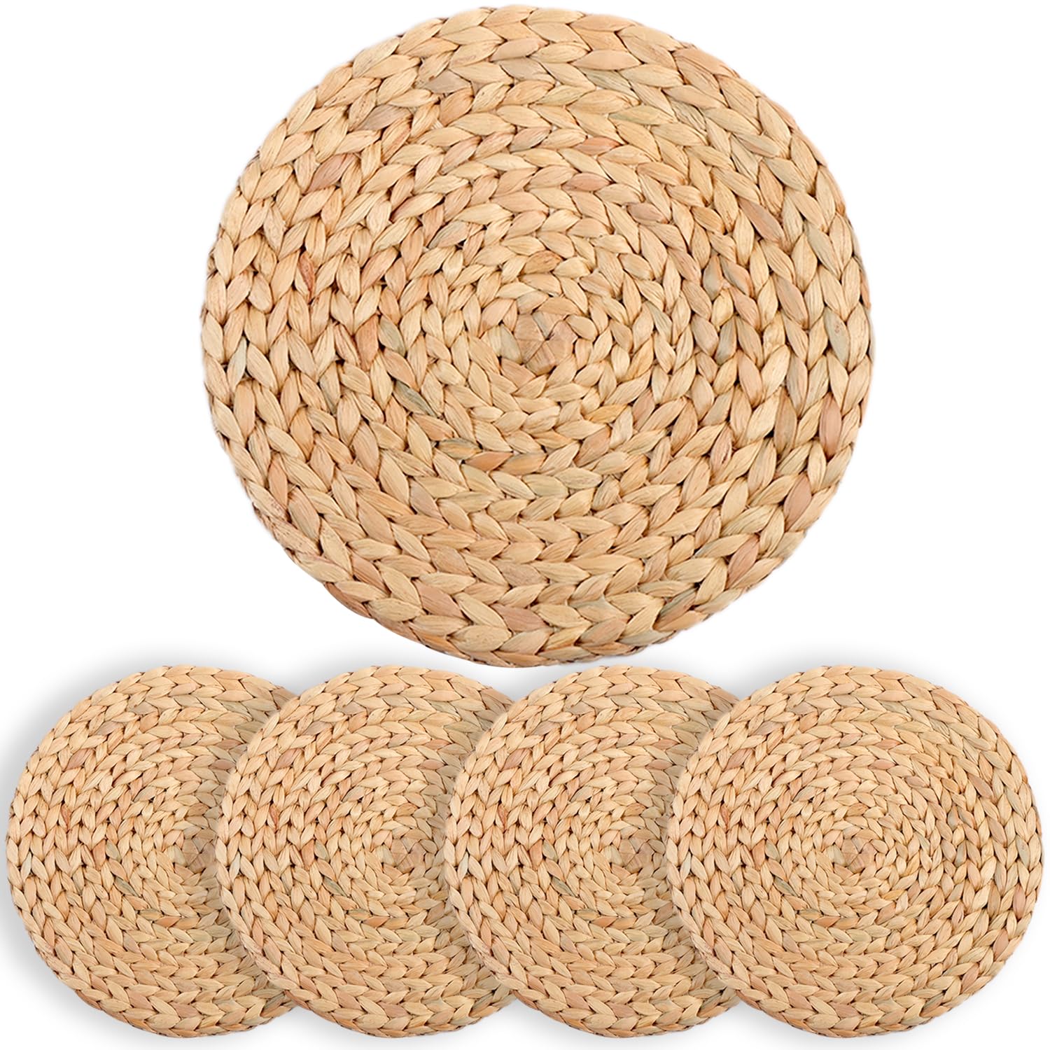 Water Hyacinth Round Placemats Set Of 4, Boho Woven Placemats, Plate Chargers, Place Mats Indoor, Individuales Para Mesa De Comedor, Rattan Chargers For Dinner Plates 11.8 Inch (30cm_Round_Set 4)