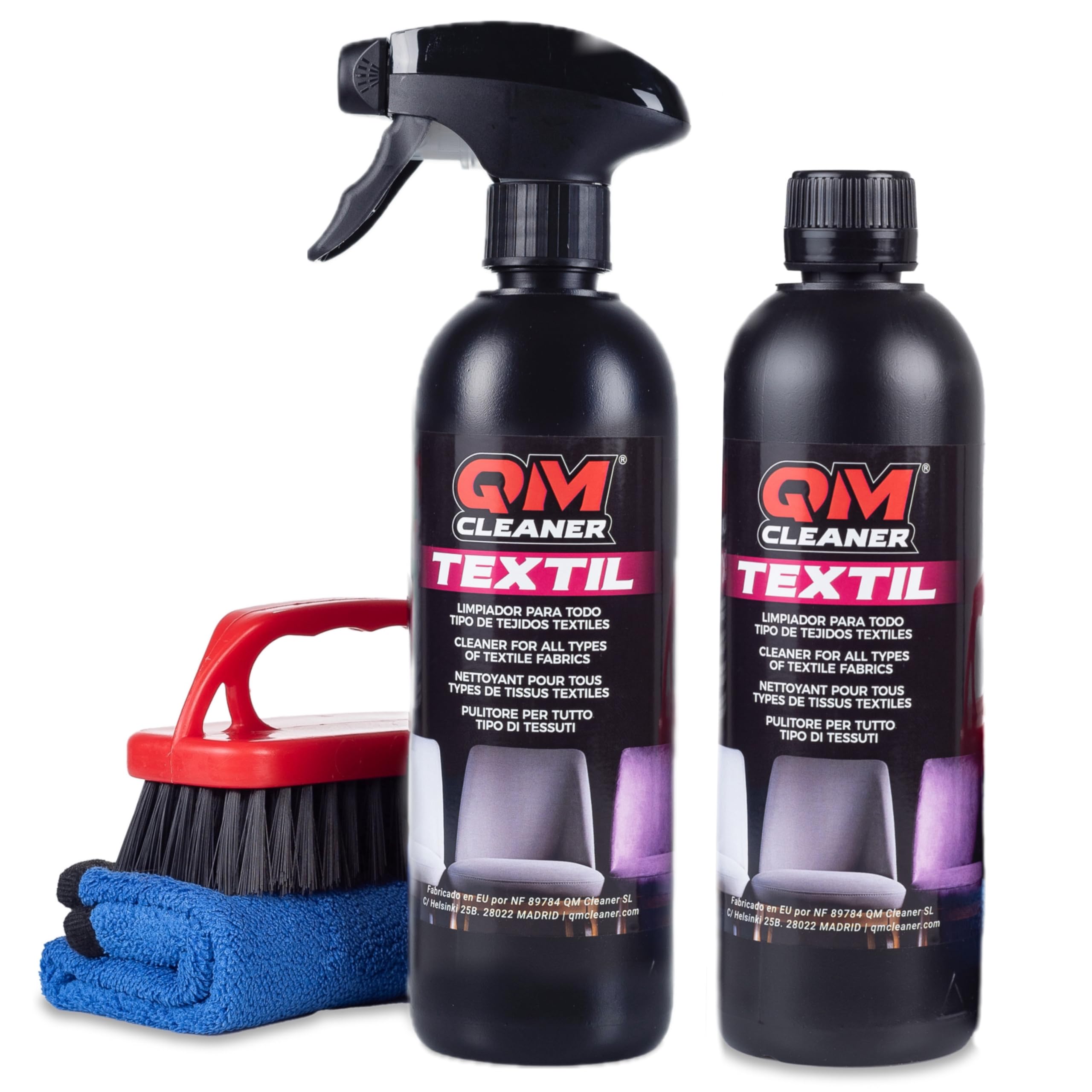 QM Cleaner Textil | Limpiador de todo tipo de tejidos: sillas, sillones, alfombras... Neutraliza Olores (Kit 1L + Cepillo + Microfibra)
