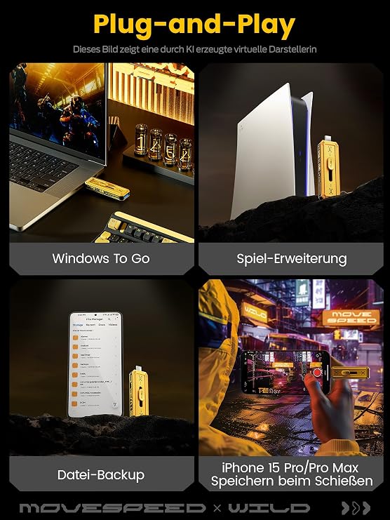 MOVE SPEED USB Stick 256GB Read/Write Speed of 1000MB/s, USB 3.2 Gen2 + Type-C Interface External SSD, Portable SSD with 3 Stage Sliding Design, Compatible with iPhone 15 Series