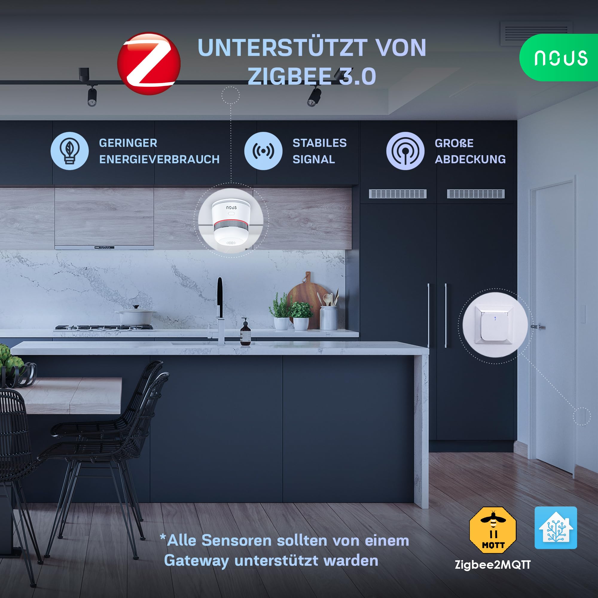 NOUS E8 Détecteur de Fumée Zigbee Intelligent, Capteur Photoélectrique avec Alarme 85dB, Batterie 3 Ans, Contrôle Via Application, Compatible Alexa, Google Assistant, pour Maison Et Bureau