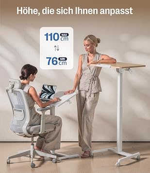 MAIDeSITe Fit Pro Standing Desk Height Adjustable 76-110 cm Mobile Desk with Wheels Pneumatic Laptop Table with Folding Table Top Side Table for Home Office