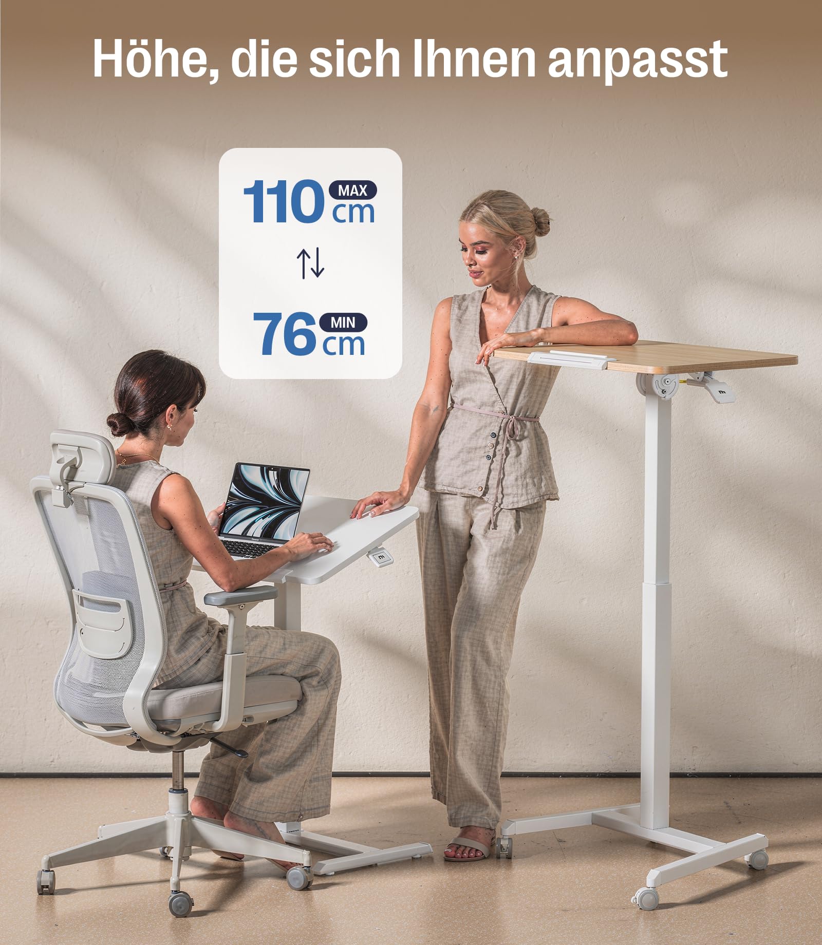MAIDeSITe Fit Pro Stehpult höhenverstellbar 76–110 cm,Mobiler Schreibtisch mit Rollen,pneumatischer Laptoptisch mit klappbarer Tischplatte,Beistelltisch für Homeoffice