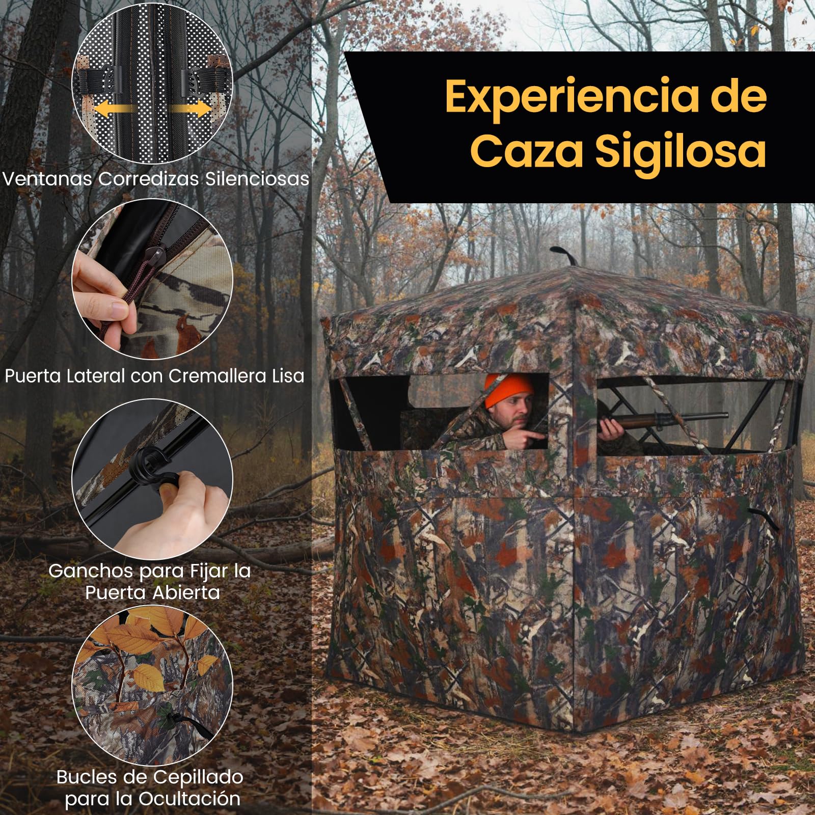 COSTWAY Persiana de Caza Portátil, Vista de 360°, Puesto de Caza para 4 Personas, Ventanas de Deslizamiento Silencioso, Bolsa de Transporte, Carpa Plegable Portátil, Camuflaje