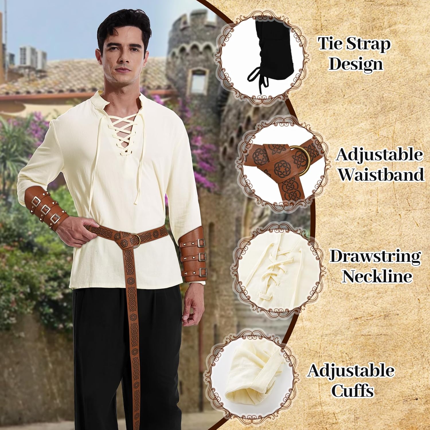 Men's Renaissance Costume Halloween Medieval Pirate Shirt Ankle Banded Pants Viking Belt Accessories - Image 6