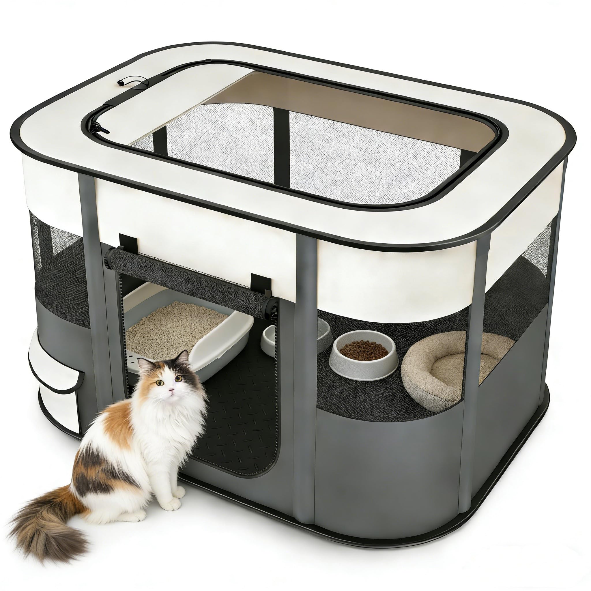 Tragbares Hundehaus Haustierzaun 90x70x60cm Faltbarer Haustier Laufstall Rechteck Lieferraum Katzennest Katzenhöhle Welpenhaus Zwinger Geschlossenes Haustierzelt (grau/weiß)