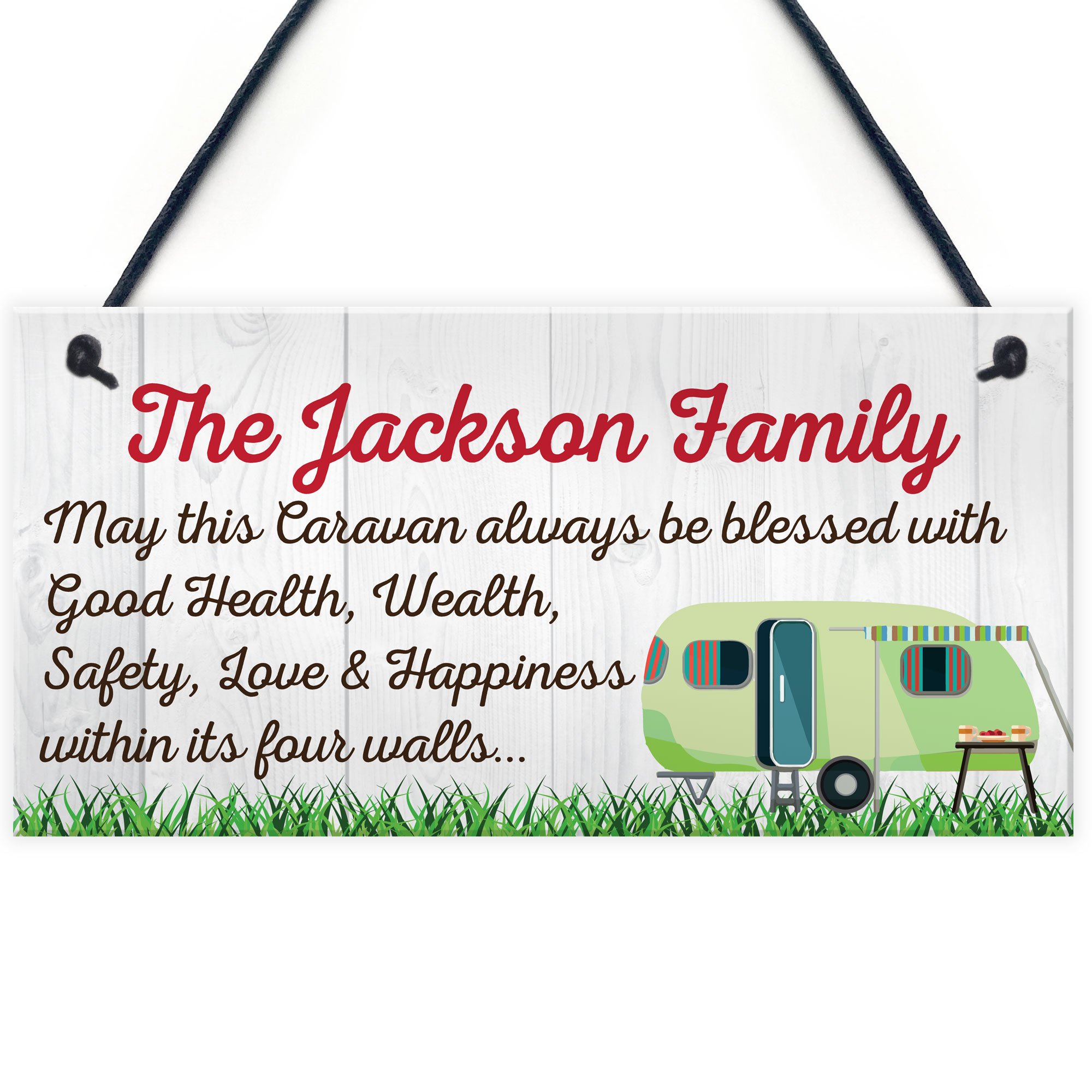 Red Ocean Personalised Bless This Caravan Hanging Plaque Family Name Camper Van Home Gift Sign