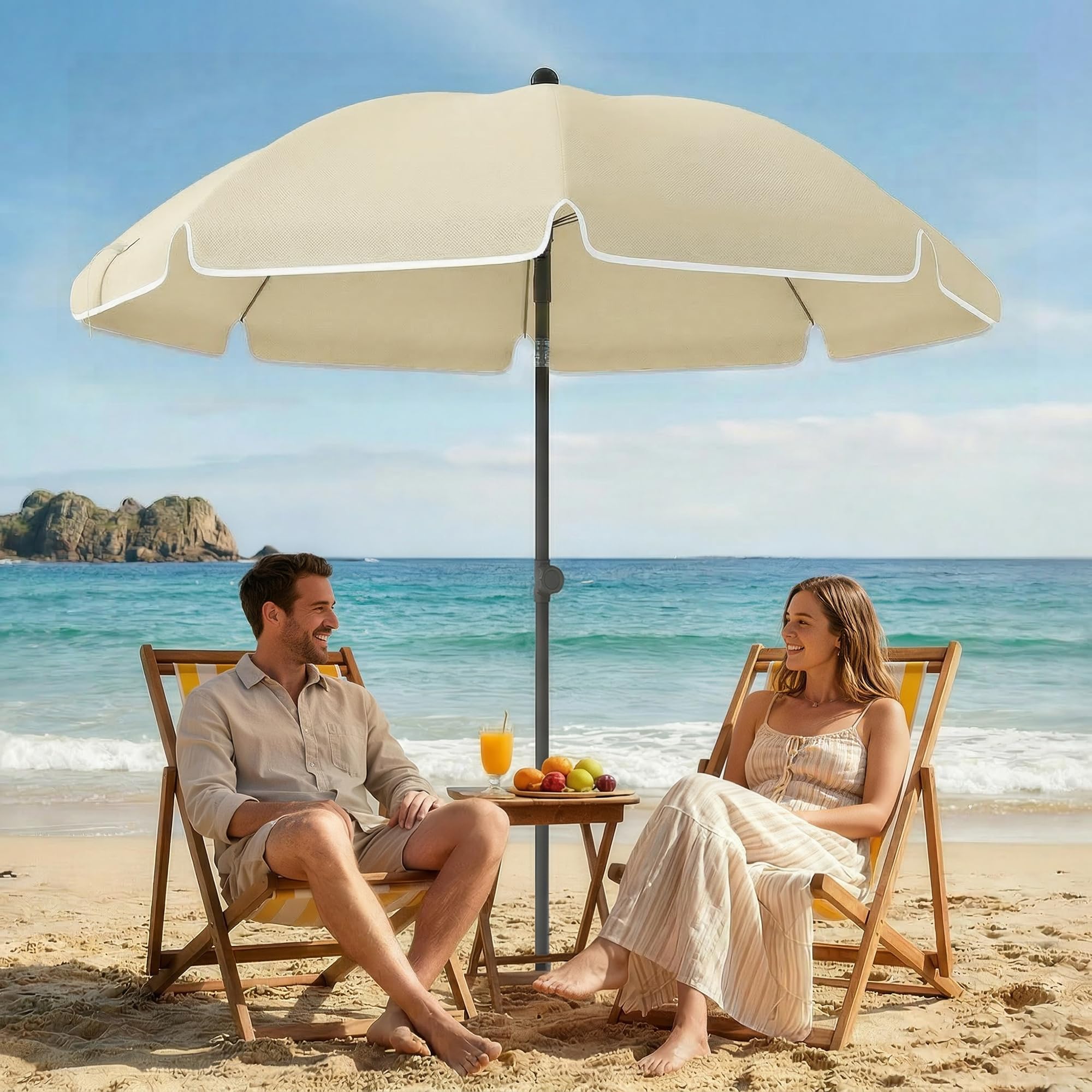 Outsunny Sonnenschirm Strand Ø150 cm Strandschirm mit Sonnenschutz wasserabweisend faltbar mit Sandanker und verstellbarer Neigung Tragetasche für Camping Reisen Strand Beige