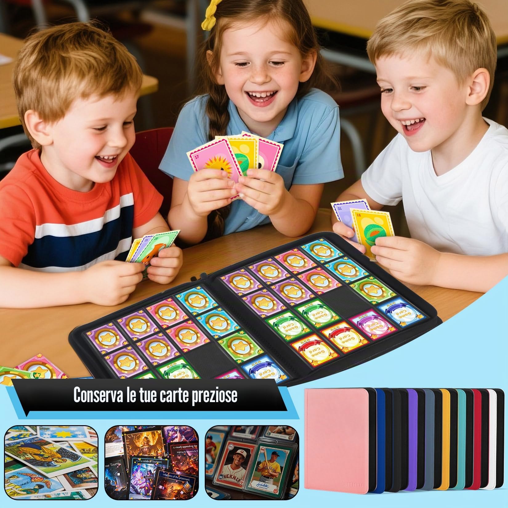WITHYU Album da Collezione per Carte 16 Tasche, Capacità 1024 Carte - Portacarte Impermeabile Caricamento Laterale con Zip per TCG, Calcio & Collezioni, Portatile (Nero)