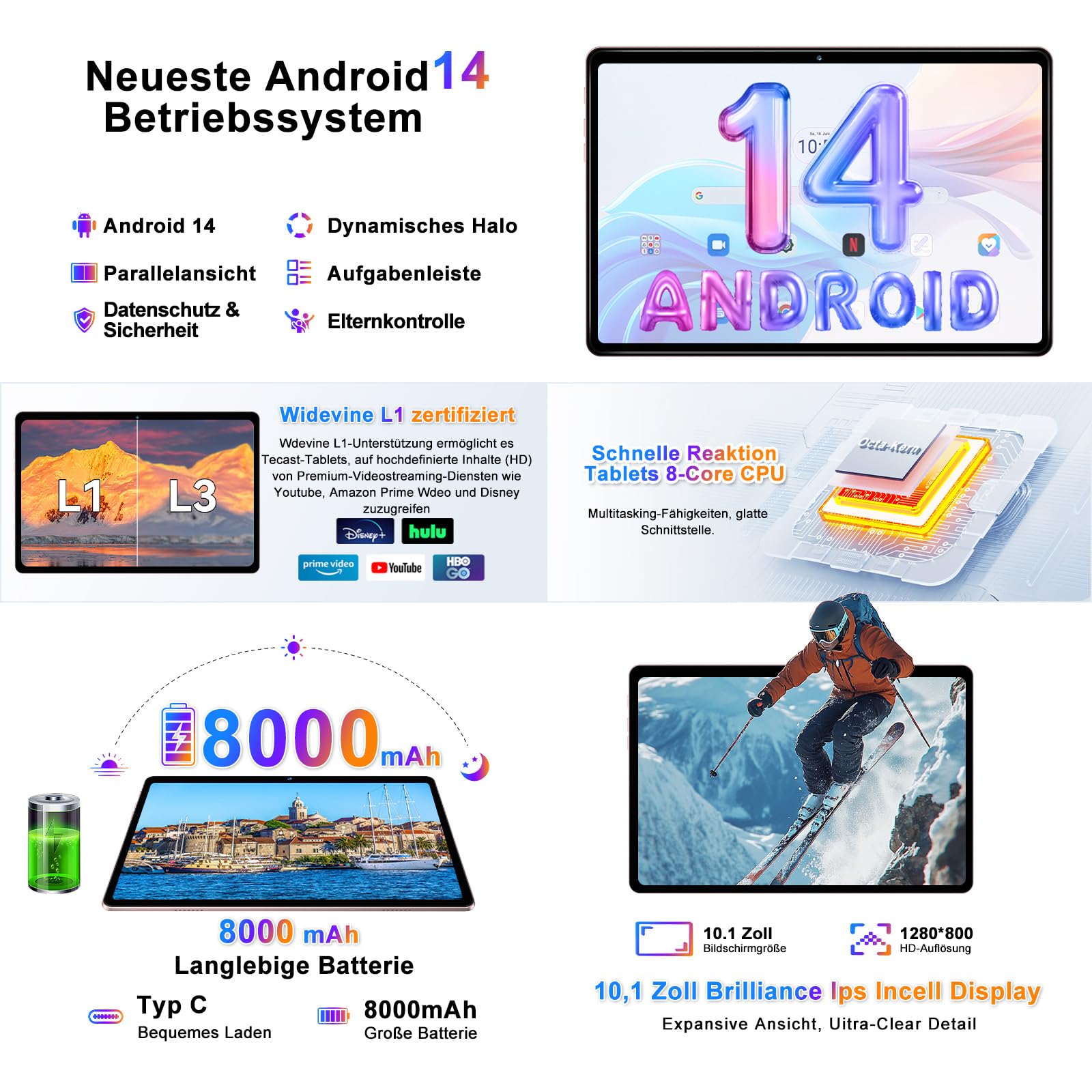 Tablet Android 10 pollici, 22 GB RAM + 128 GB ROM, Widevine L1, oro rosa | con tastiera mouse, 8000 mAh, Octa-Core, 5G WiFi, 1 TB di memoria estesa, 5MP+8MP