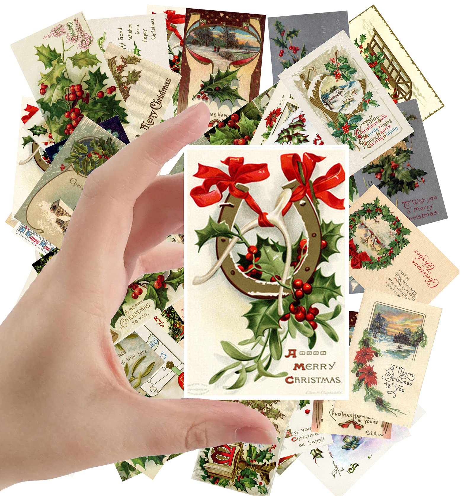 Christmas Large Stickers (24 pscs 2.5"x3.5" Each) Christmas Holly Decorations Wreath Vintage Postcards Retro Christmas Greeting Card Reprint