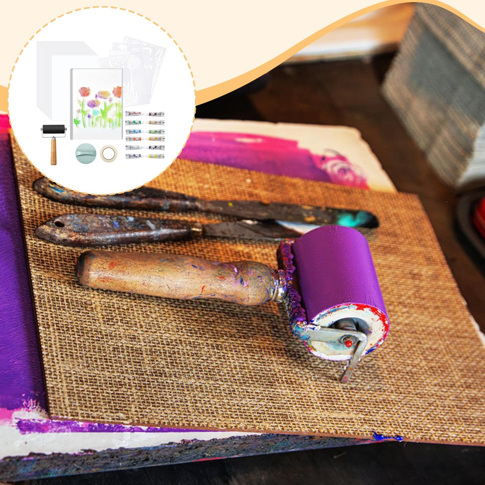 Gel Druckset mit Gelplatte, Schablonen, Papierrolle, Komplettes Künstler Set für Anfänger, Leicht zu Reinigen, Geeignet für Die Kartenherstellung, Style B