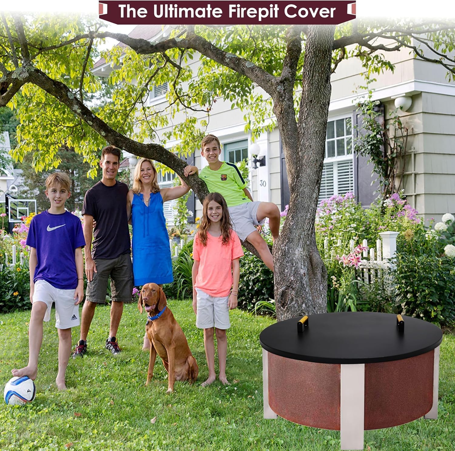 28” Round Fire Pit Lid – Heat Resistant fire Pit Cover Round Metal for Outdoor Fireplace -16 Gauge Steel Flat Fire Pit Burner Pan Cover with 2 Wooden Handles Snuffer Lid for Patio FirePit Ring