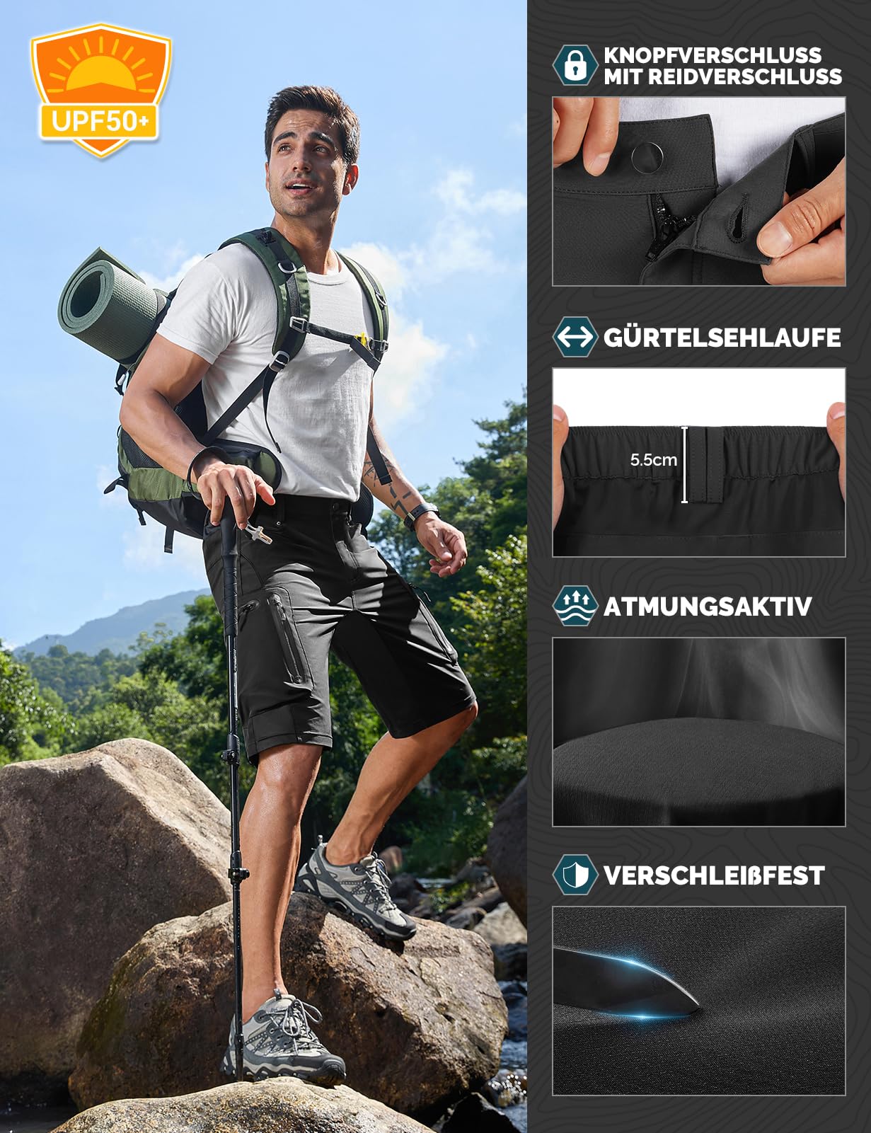 Cycorld Kurze Hosen Herren, Wanderhose Atmungsaktiv mit 6 Taschen Leichte Schneltrocknen Fahrradhose MTB Hose Radlerhose Manner Kurz Cargo Bermuda Shorts Treking Outdoorhose Sommer