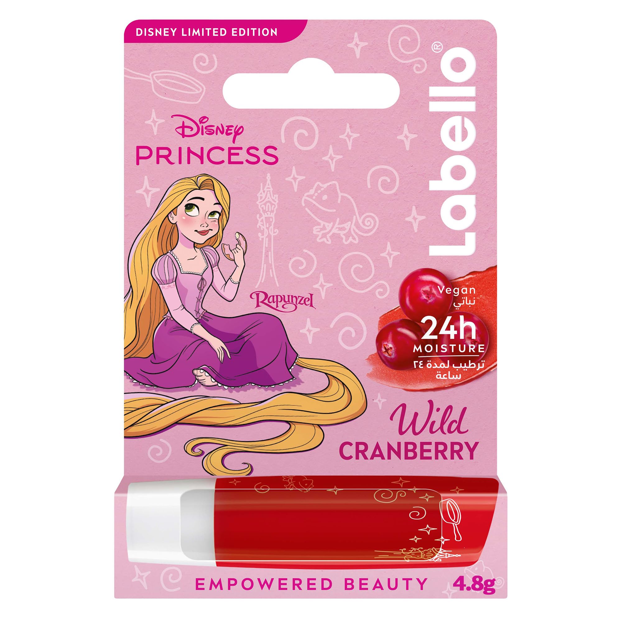 Labello Disney Princess Rapunzel Lip Balm for Kids, Wild Cranberry Flavor, 24H Moisture, Caring, up to 100% Natural Origin Ingredients, for 3+ Year Kids, Vegan, 4.8g