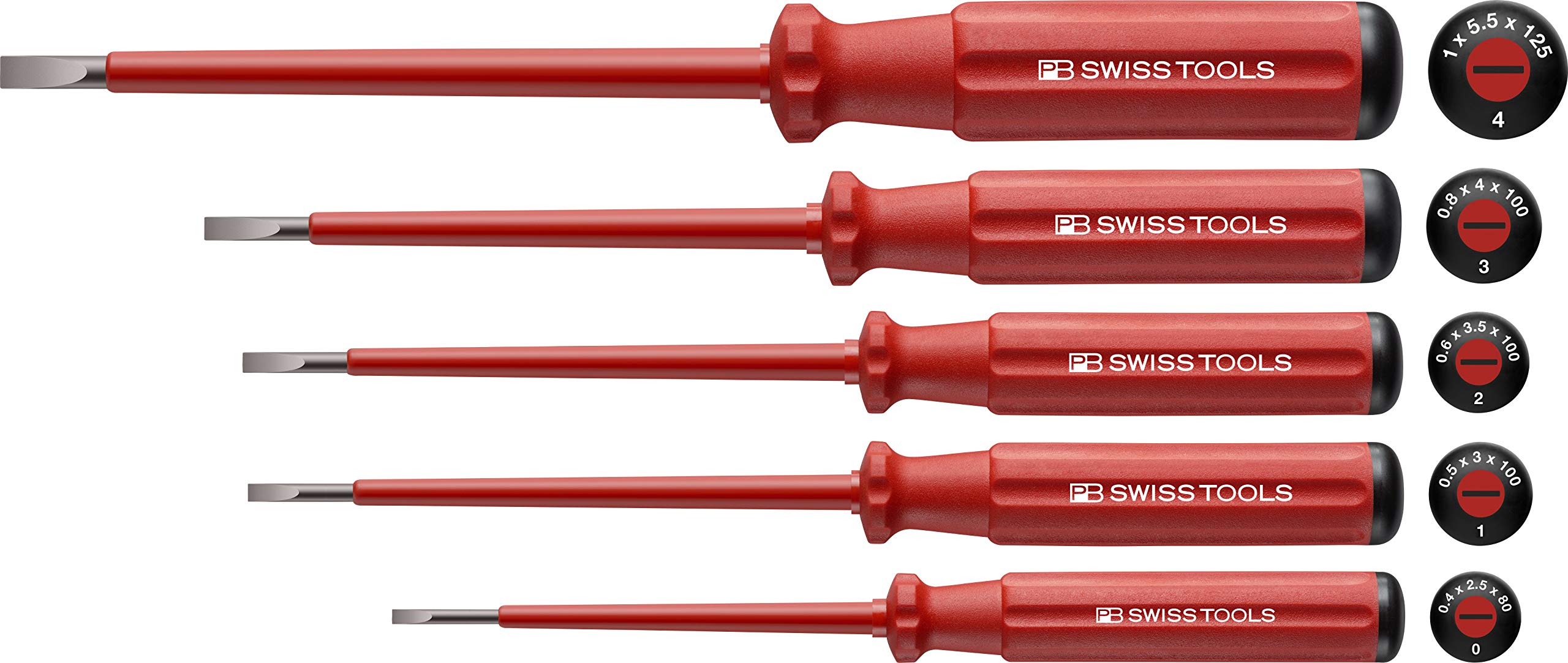 PB Swiss Tools VDE SCHLITZ Juego de destornilladores para electricistas PB 5538, 5 piezas (0/1/2/3/4), Aisladas hasta 1.000 voltios, 100% Swiss Made, Garantía ilimitada, Rojo