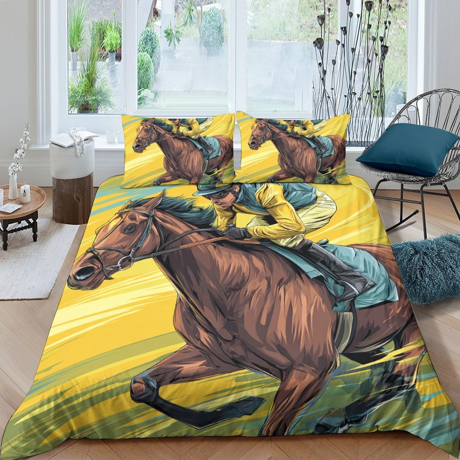 Ctjqhvkz Style-6 3D Printed Horse Racing Fitted Sheet Microfiber Yellow Brown Bedroom Decor Bed Cover For Adults Teens Guest Room Single（135X200cm）