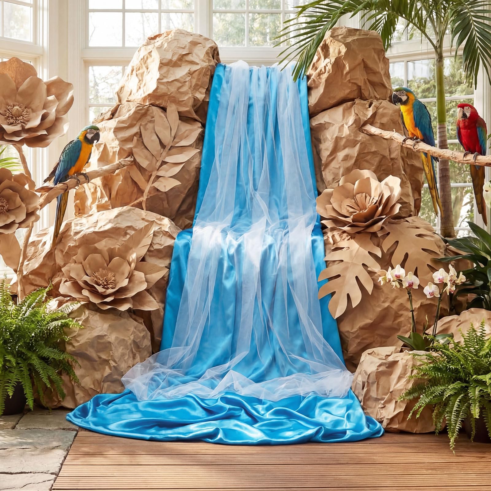 Photo 1 of 6.56 ft 2026 VBS Waterfalls DIY 3D Cardboard Rainforest Falls Backdrop Decorations Craft with Kraft Paper Waterfalls Fabric Rainforest Scene Construction Decor, VBS Sunday School Religious Background
