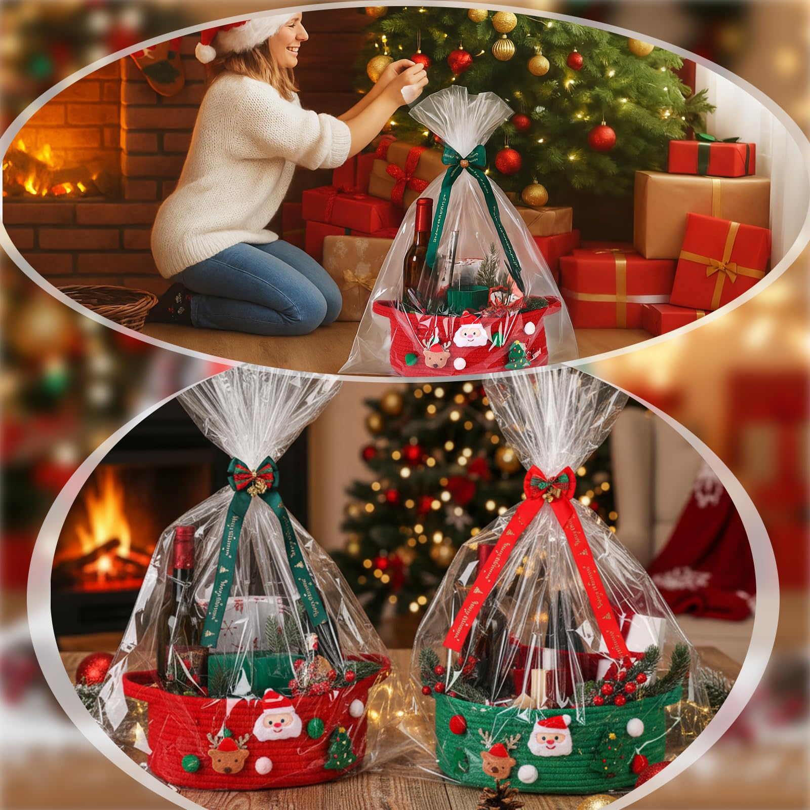 Honeydak Geschenkkorb mit Zellophan und Schleife, leer, Weihnachtsmann, Hirsch, Baum, gewebter Korb mit Griff für Weihnachtsgeschenkverpackung, Heimdekorationen, 4er-Set