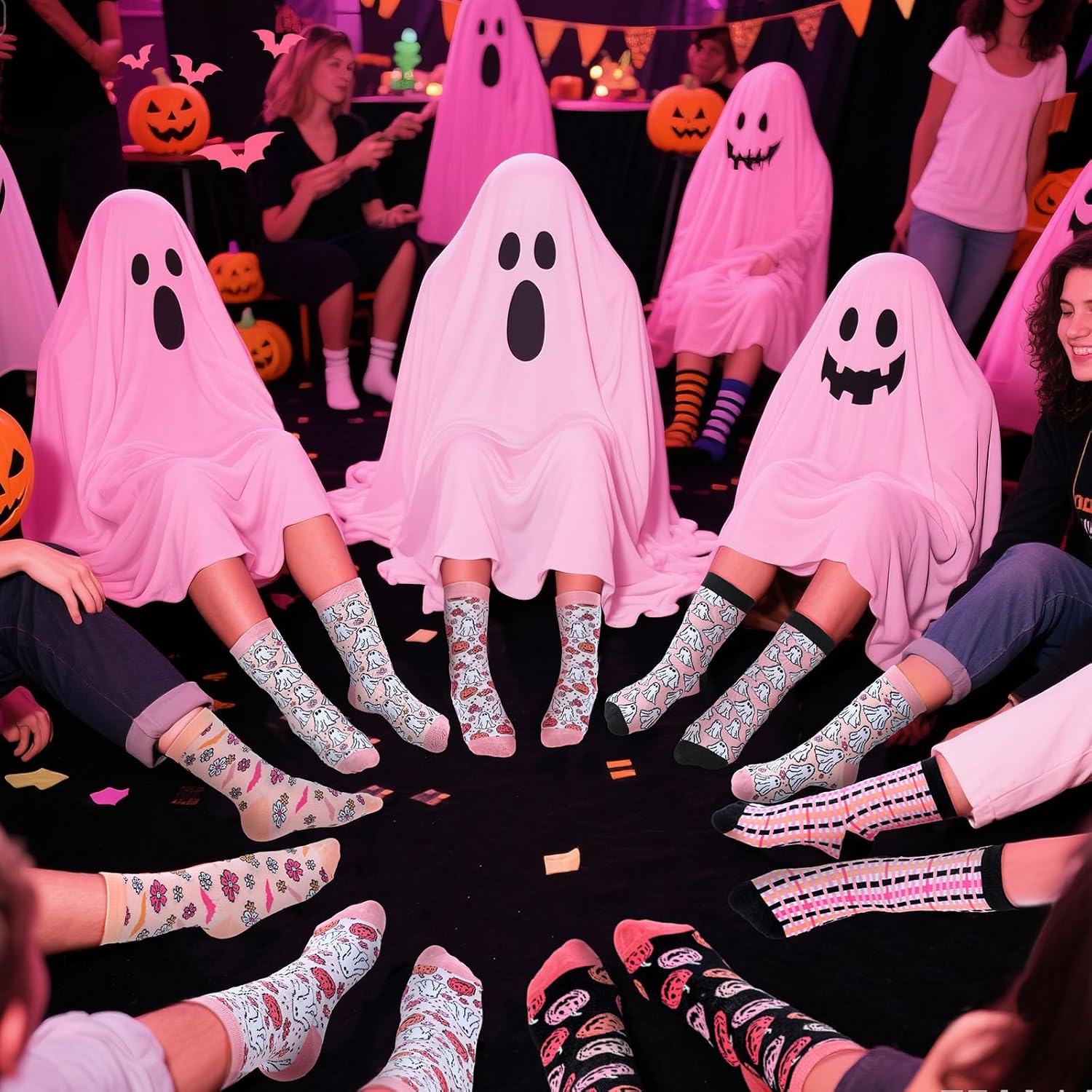 HooLing 12 Pairs Halloween Ghost Socks Pink Halloween Socks Pumpkin Ghost Bat Funny Cotton Holiday Socksfor Woman Girls Costume Party Supplies