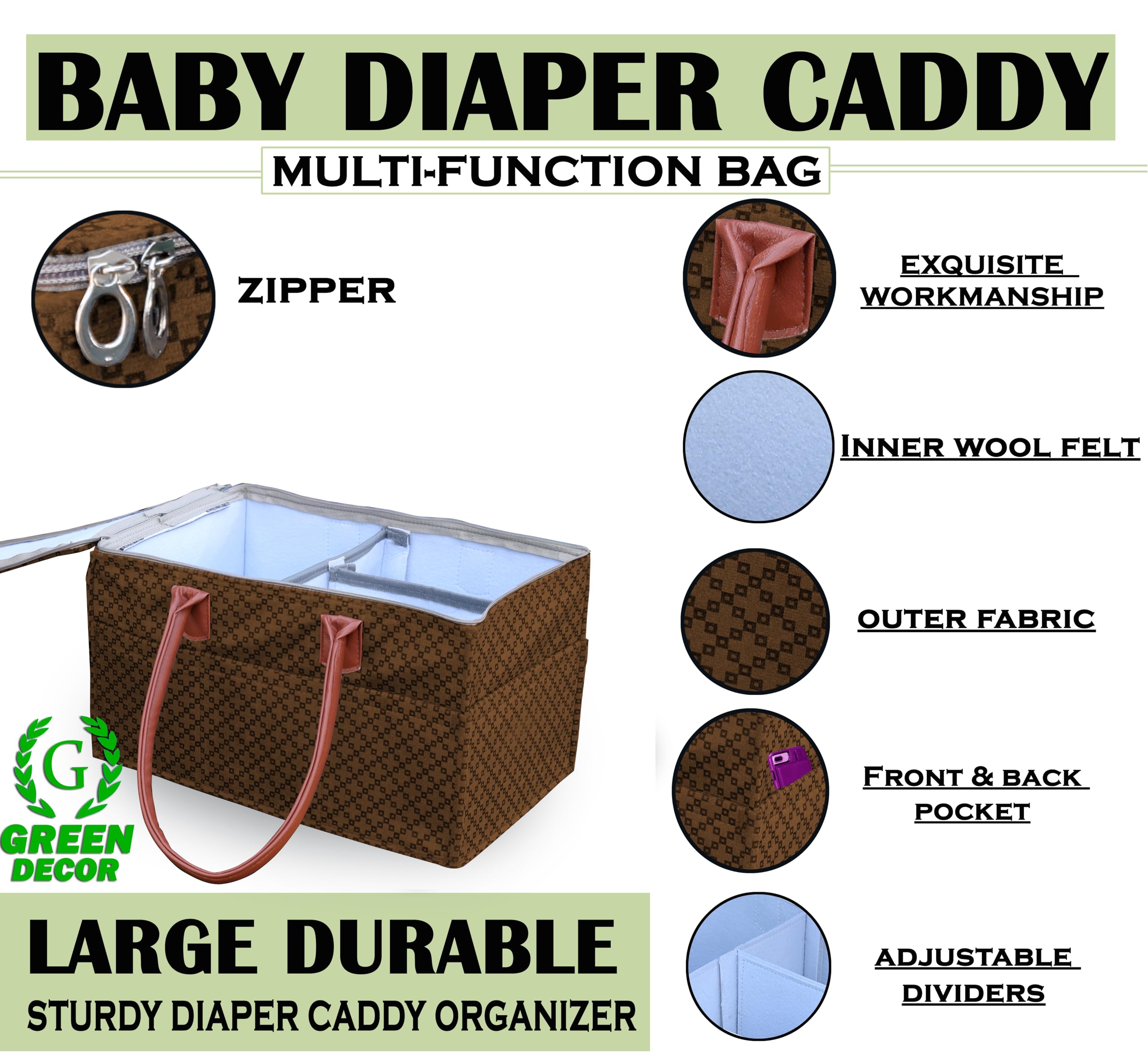 GREEN DECOR - Non Woven Fabric Cute Diaper Caddy Bag with Handles & Zip Lock for Smart Mothers Baby Diaper Caddy Wipes Felt Storage Organizers,Foldable and Portable(Dotted Coffee-15X10X8 Inch) 1