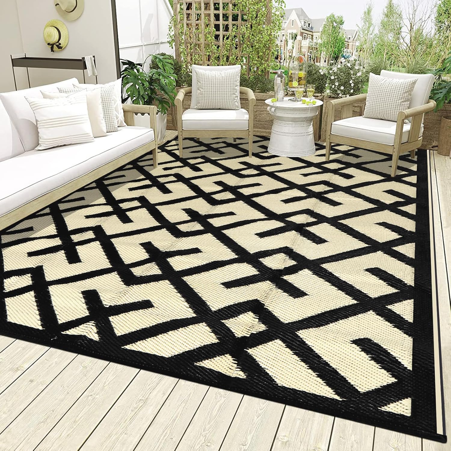 LILIOFFIC Outdoor Rugs - Reversible Mats, 9'x12' Plastic Straw Rug for Patio Clearance Waterproof, Indoor Outdoor Area Rug Carpet for Outside, RV, Deck, Picnic, Beach, Trailer, Camping, Black & Beige 02/Black & Beige 9' x 12' (Rectangular)