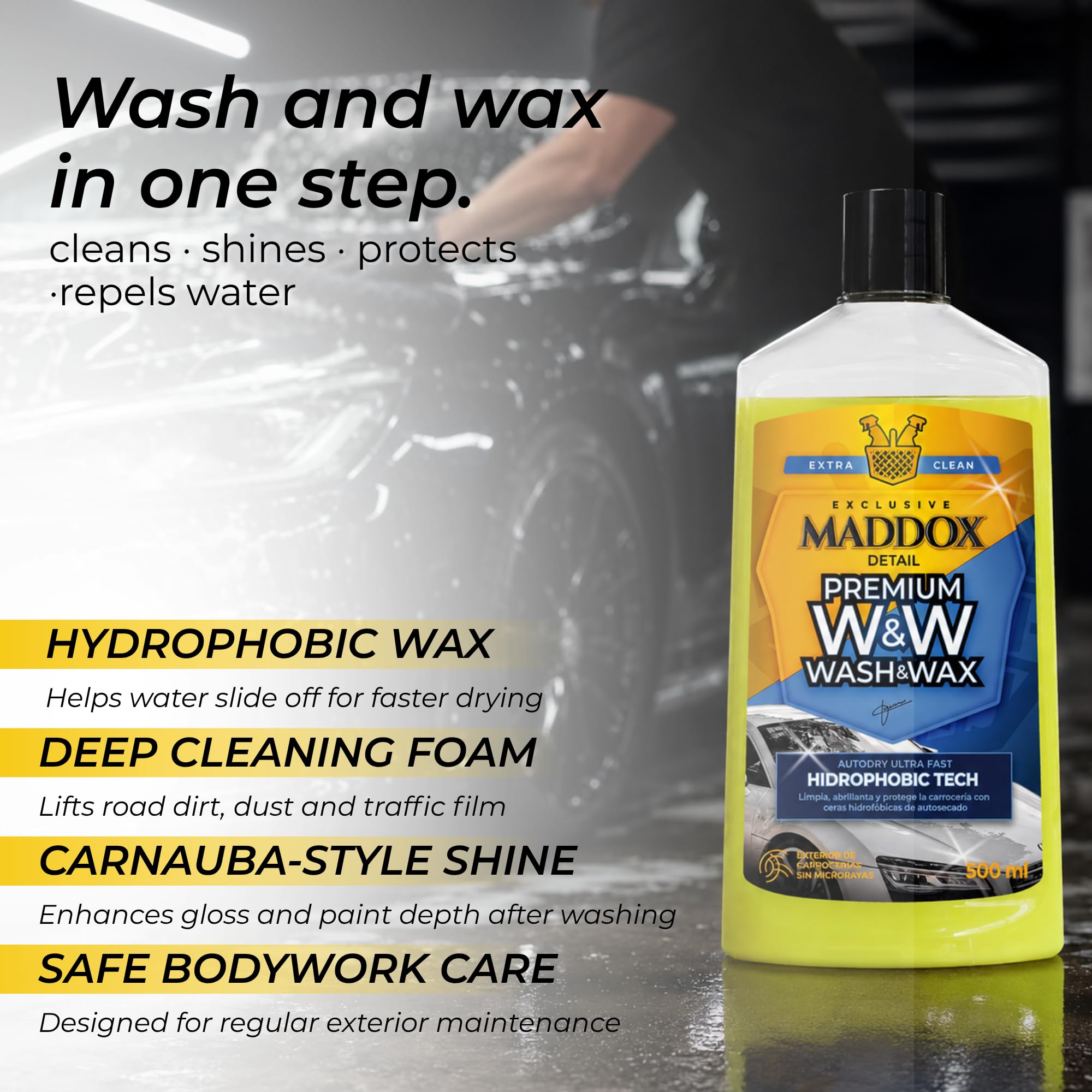 Maddox Detail - Premium Wash & Wax 500 ml | Shampoo auto con Cera Auto | Prodotti per la Pulizia Auto e Rinnova Plastiche Auto | Idratante per Plastica Auto | Protezione Vernice senza Asciugatura