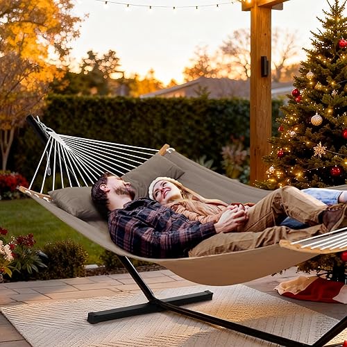 Miniatura 2 de SUNCREAT Hamacas Hamaca portátil con marco, hamaca doble para patio trasero con barra esparcidora curva, marrón