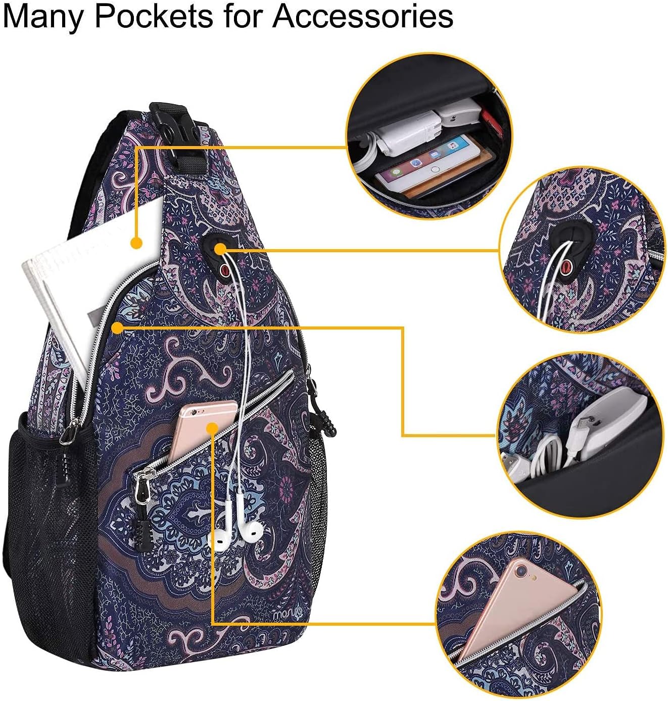 MOSISO Sling Backpack,Travel Hiking Daypack Pattern Rope Crossbody Shoulder Bag, Navy Blue Base Totem Texture - Image 2