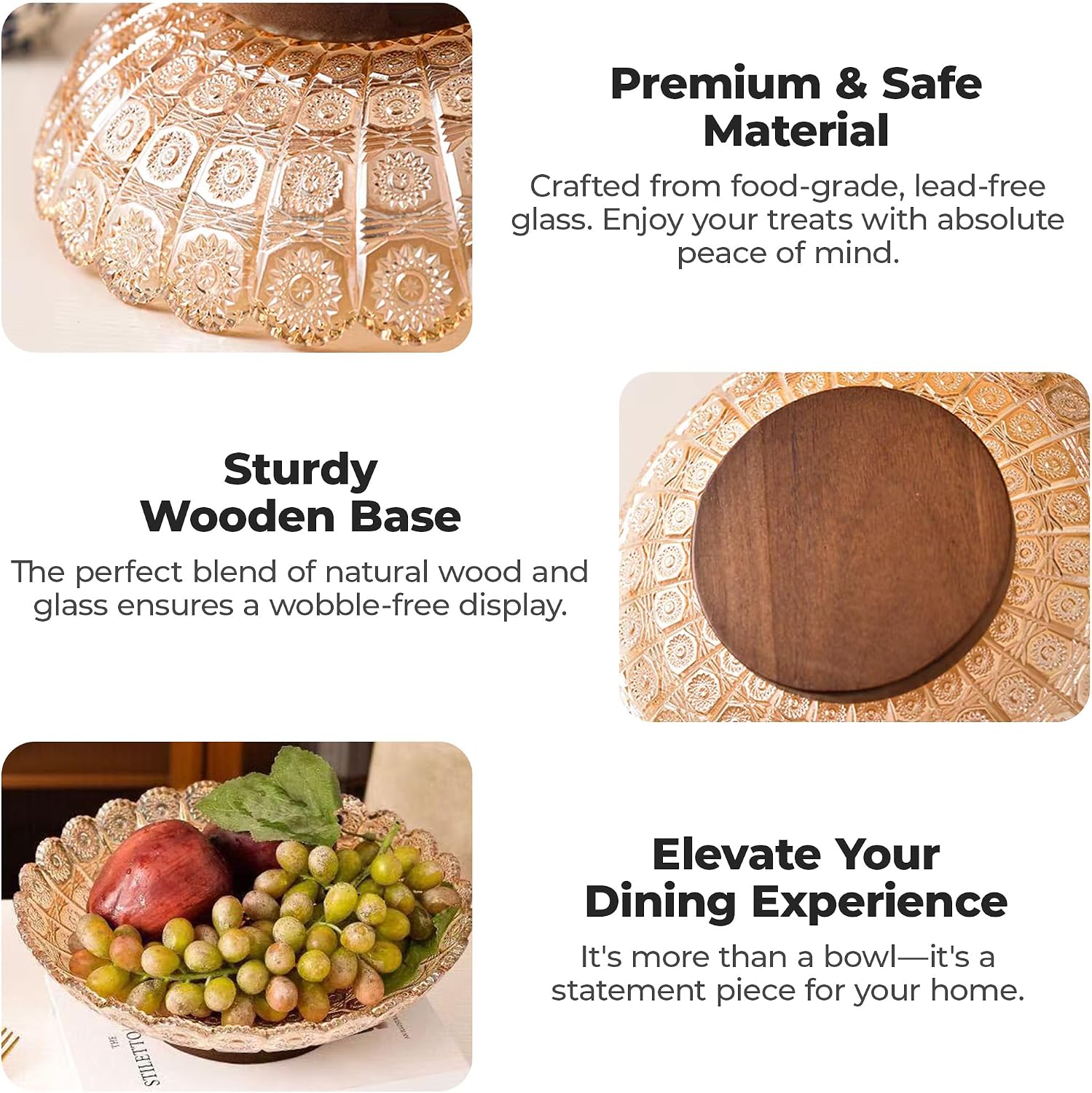 Trez Treamer Fruit Bowl for Kitchen Counter,Glass Decorative Fruit Bowl Basket,Salad Candy Bowl Dish(Amber)