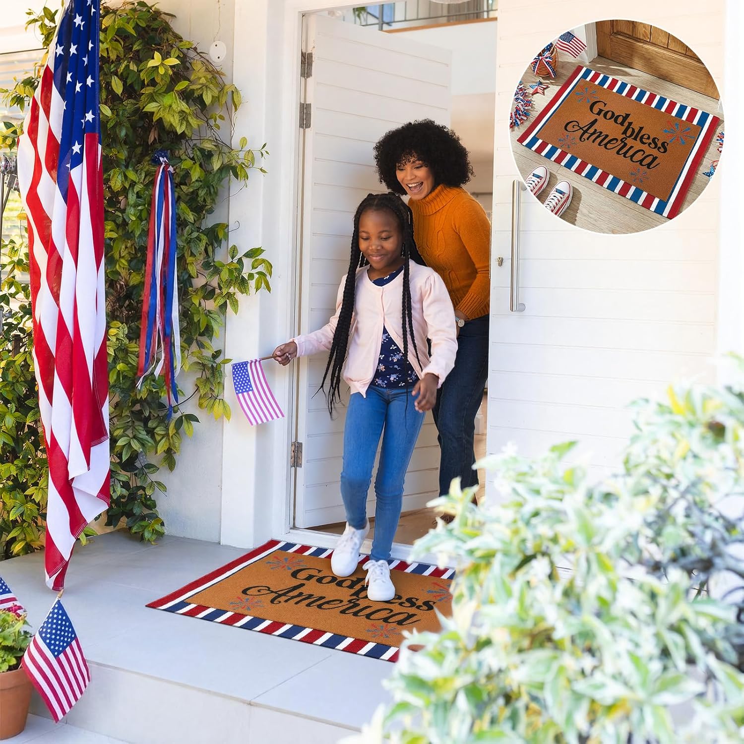 Honoson 2 Pcs Patriotic Doormat, 4th of July 250th Anniversary God Bless America Mat Red White & Blue Stripe Coir Rug for Front Door Porch Indoor Outdoor Memorial Independence Day Decor