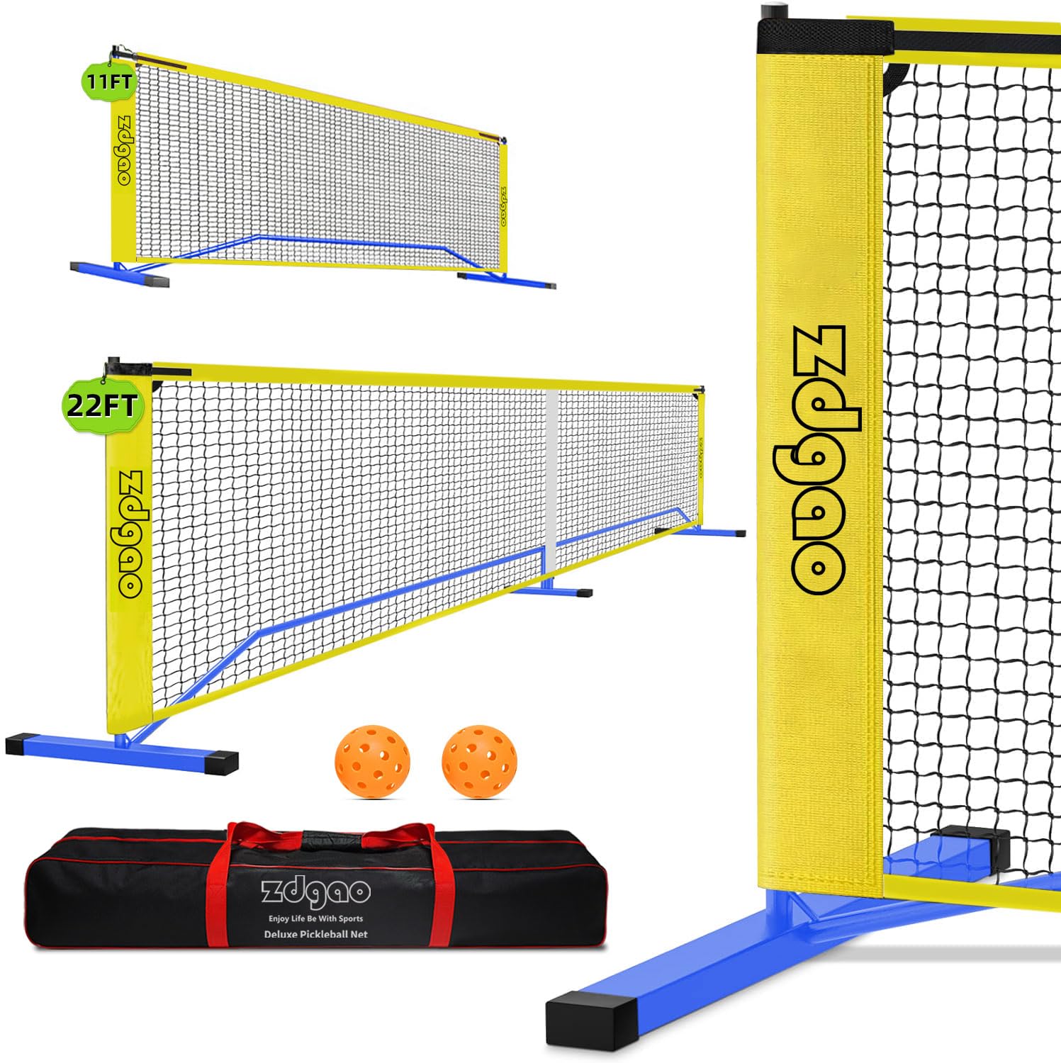 Zdgao Portable Pickleball Net for Driveway, 22FT Regularion Size Pickle Ball Net with Pickleballs and Carry Bag, Easy Setup for Indoor Gym, Outdoor Court, Backyard, Street