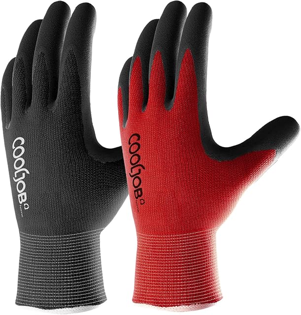 COOLJOB Work Gloves, 2 Pairs Gardening Gloves for Men, Breathable Rubber Coated Work Gloves Men, Gloves Men Working Medium Size Fits Most, Black & Red (M)