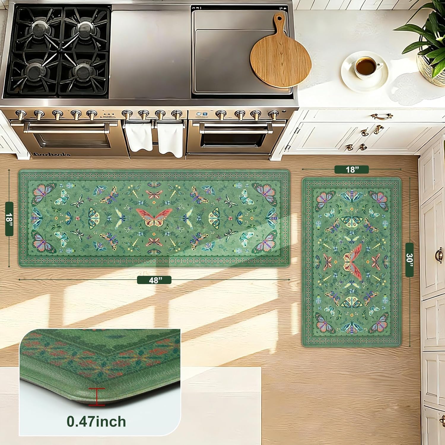 Yinhua Kitchen Rugs Sets of 2, Green Insect Kitchen Rugs Non Slip Washable, Farmhouse Anti Fatigue Mats for Kitchen Floor, PVC Waterproof Rug for Spring Summer, 18"x30"+18"x48"