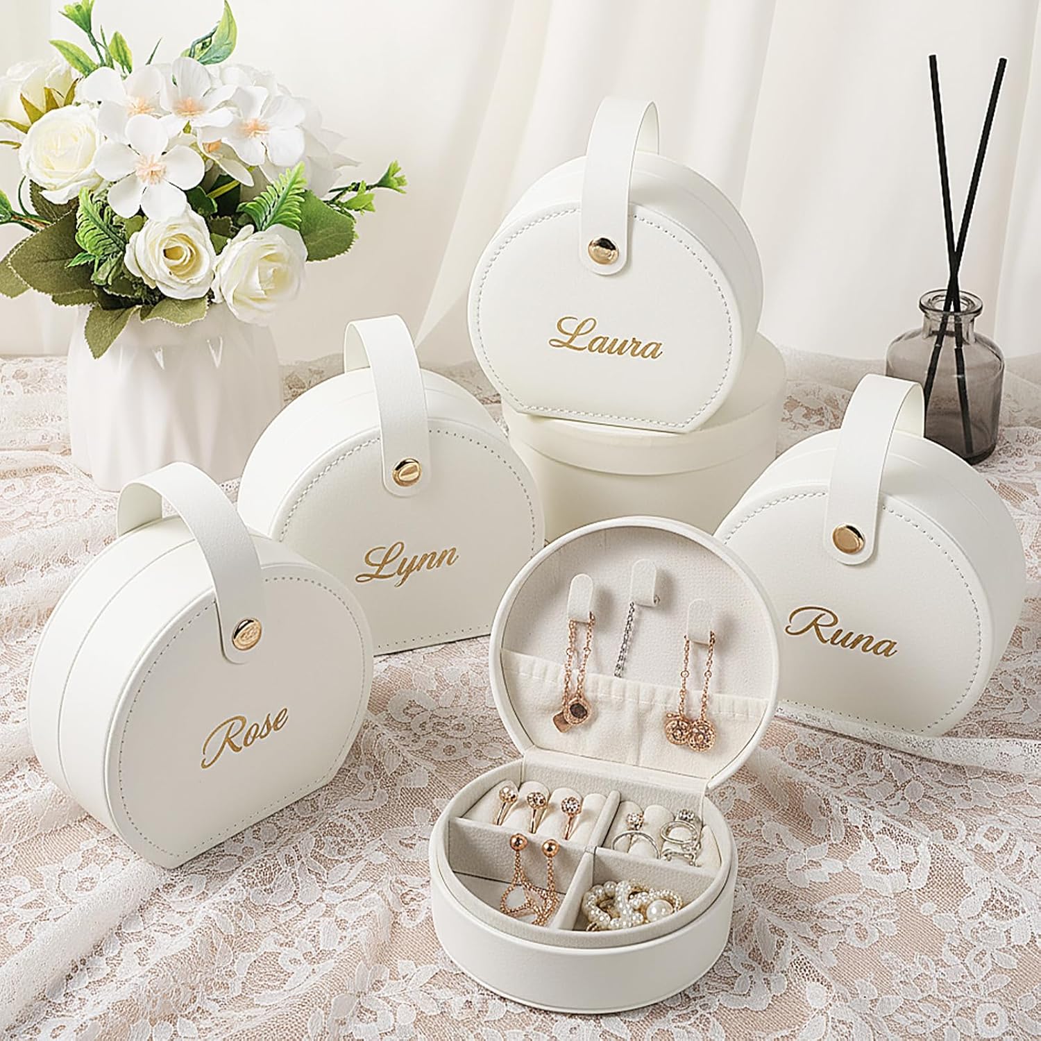 10 Pack Travel Jewelry Case, Half-Moon PU Leather Organizer with Detachable Handle, Multi-Functional Small Earring Storage Box for Women - Ideal Bridesmaid Proposal Gift (White)