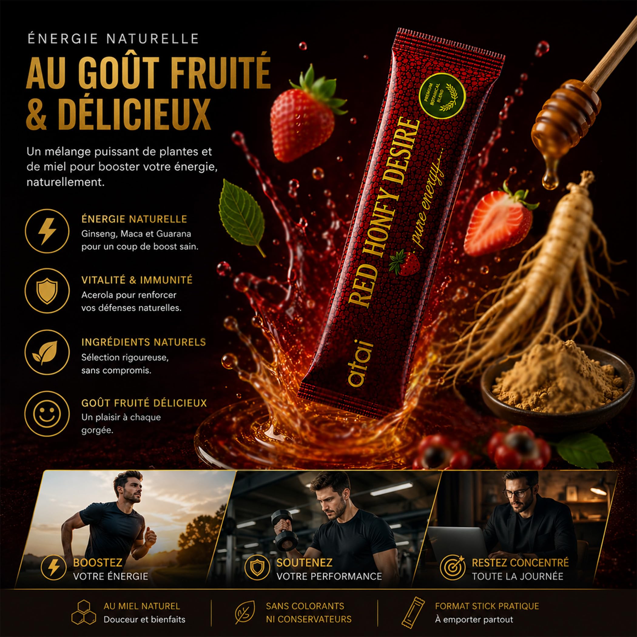 ATAI | RED HONEY DESIRE | TONUS MASCULIN | Miel Énergisant Homme | Ginseng Rouge Maca Guarana Gelée Royale Acérola | Énergie Naturelle & Vitalité | Saveur Miel Fraise | 12 Sachets de 17 g
