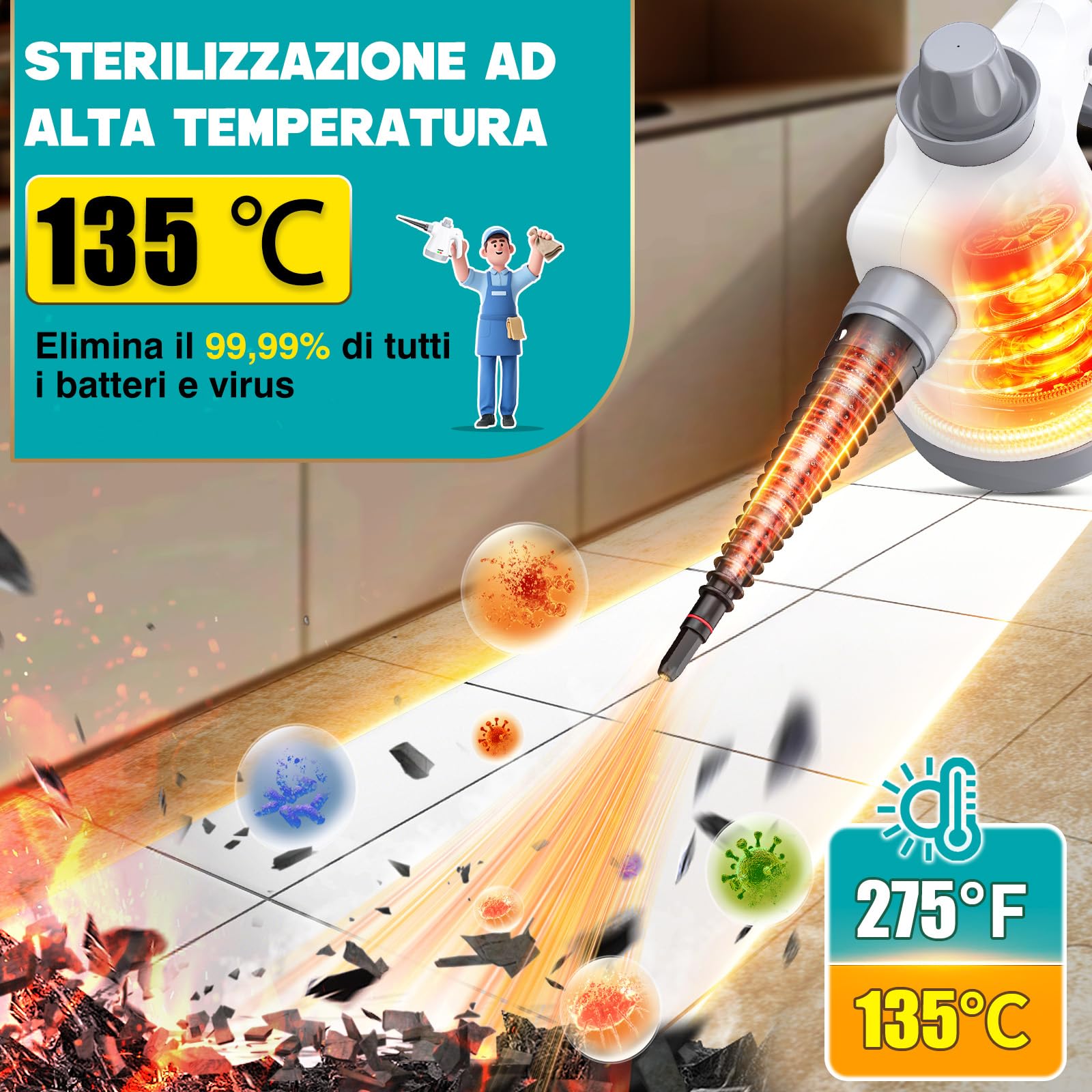 Rolipo Pulitore a Vapore Portatile, Pistola a Vapore Multifunzione Per Uso Domestico, Pressurizzato Con 12 Accessori e Blocco Di Sicurezza, Per La Pulizia Di Cucina, Bagno, Fughe, Finestre, Grasso