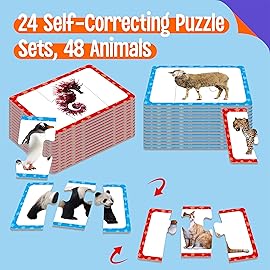 48 Animal Matching Puzzles with Error-Correction, 3-Piece Self-Correcting Puzzle Matching Game Educational Learning Activities for Toddlers, Animal-Themed Learning Games Toys for 3 Years Old