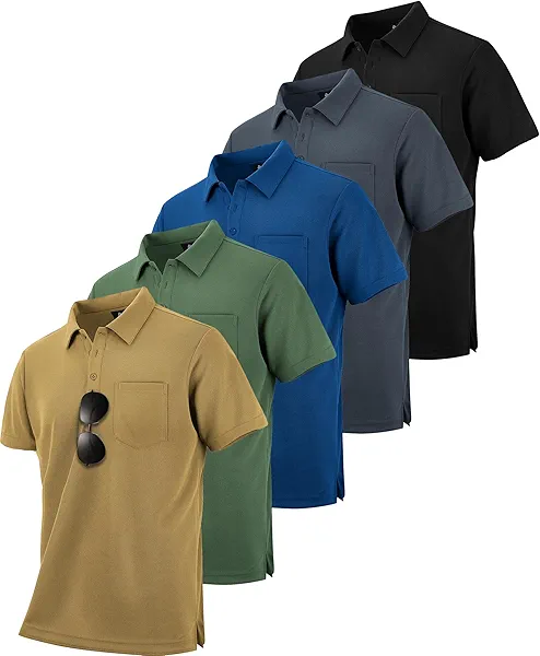 ZITY 5 Pack Polo Shirts for Men with Pocket Dry Quickly Short Sleeve Athletic Outdoor Work Collared Shirts Black+grey+royal Blue+army Green+khaki Medium