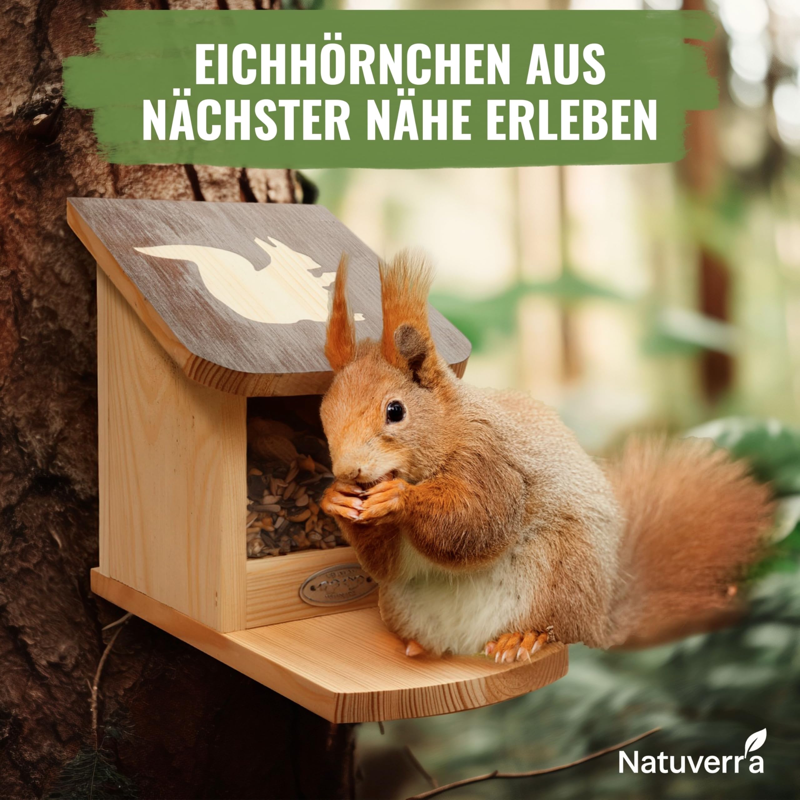 Eichhörnchen Futterhaus mit Dachmotiv - Eichhörnchen Haus und Futterhaus wetterfest - Unbehandelte Futterstation aus Kiefernholz - für Garten und Balkon
