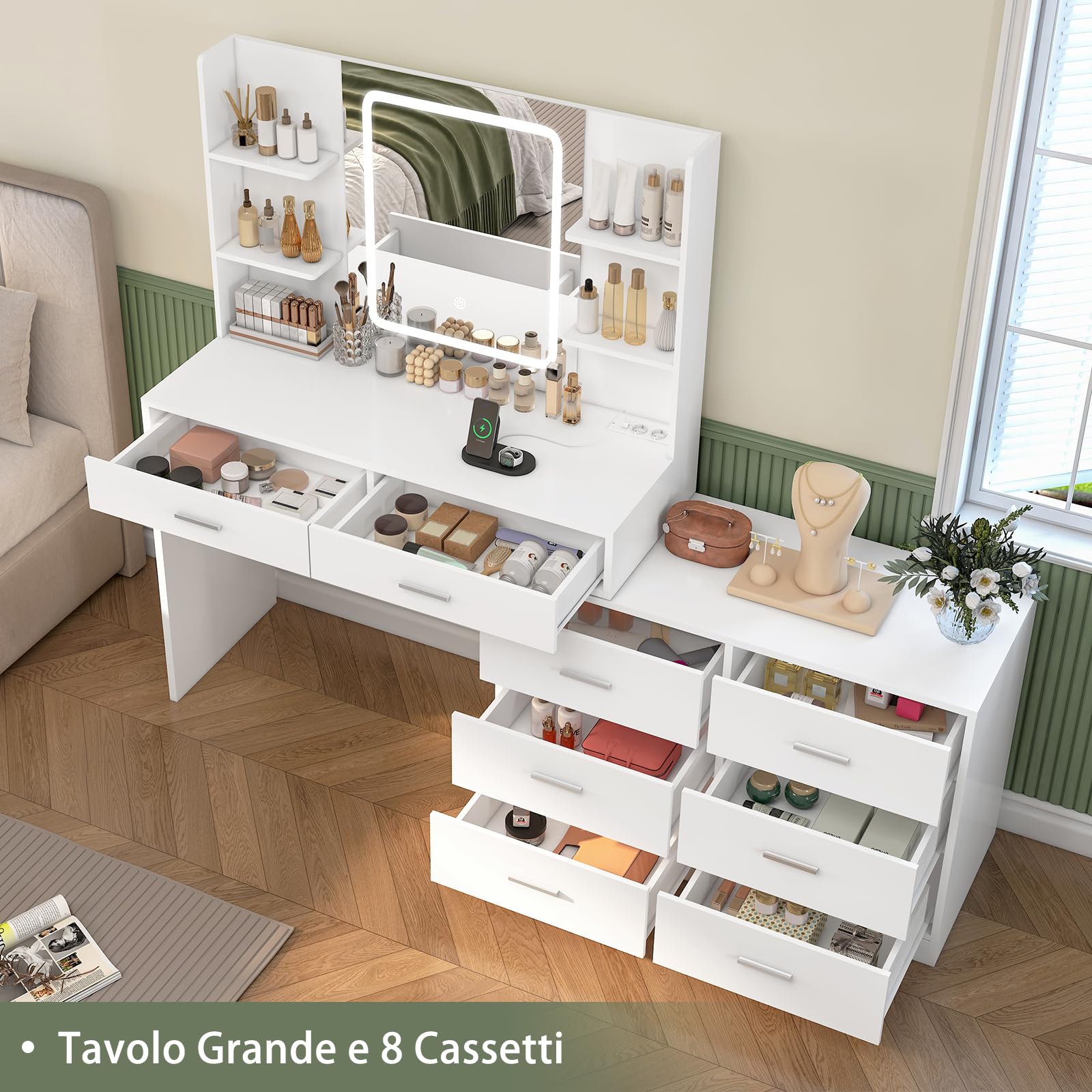 TEENFON Toeletta da Trucco,Toeletta con Luci LED, 3 Colori Luminosità Regolabile, Postazione Trucco con Prese,Bianco,8 Cassetto,6 Ripiani