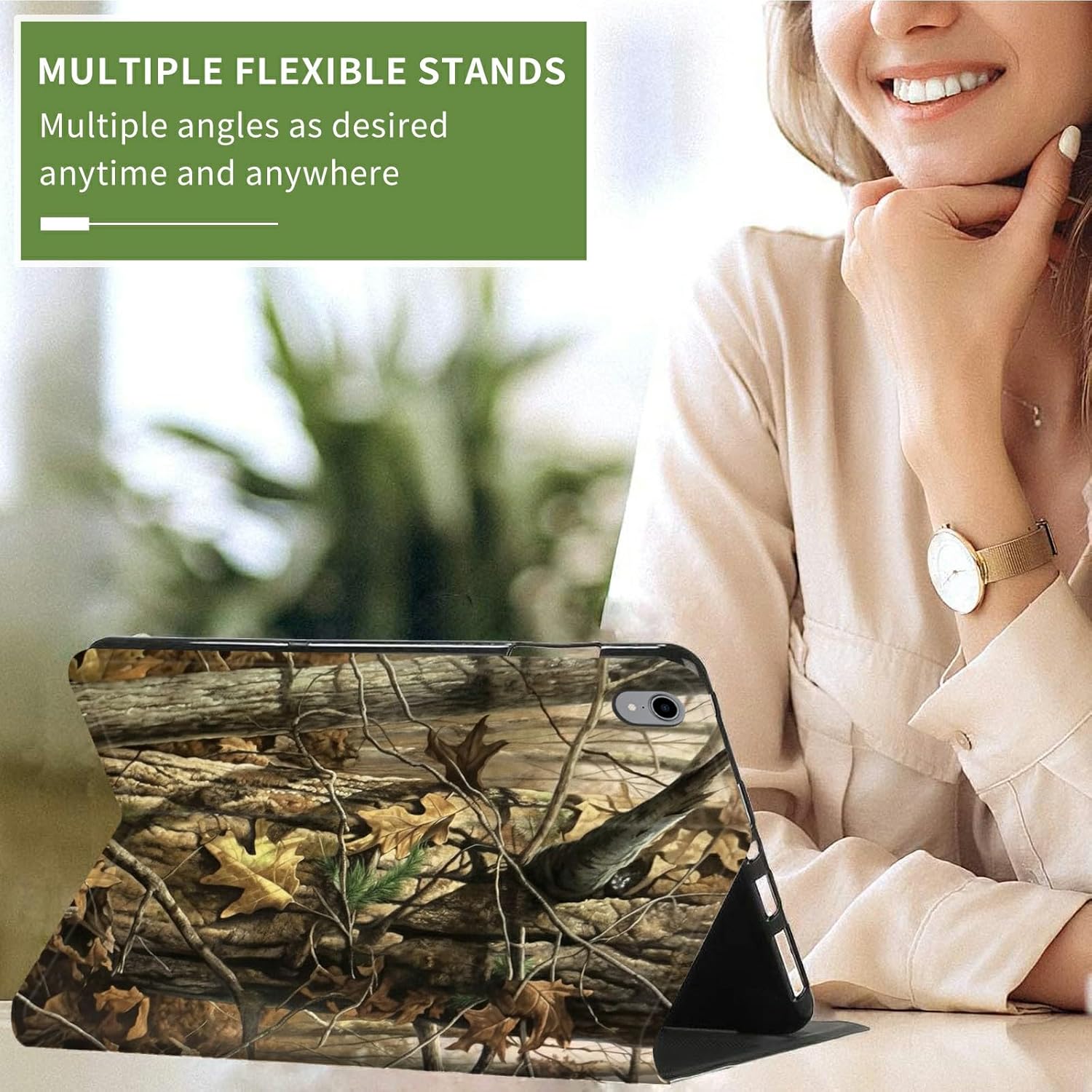 for iPad 10th Generation 10.9 Inch 2022 PU Leather Slim Lightweight Multiple Angles Stand Smart Cover with Auto Wake/Sleep for iPad 10.9 Inch 2022 Tablet,Camouflage Tree