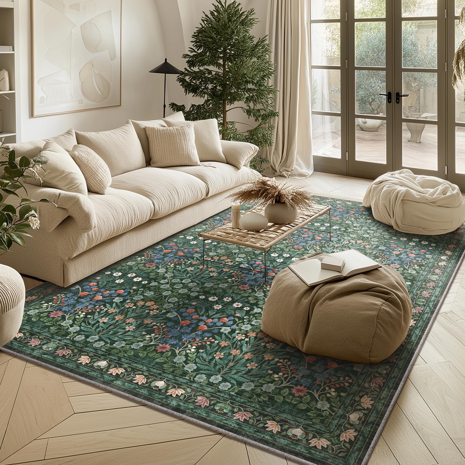 Floral Dark Green Area Rugs 5x7, Soft Washable Non-Slip Low Pile Boho Rugs for Living Room &amp; Bedroom, Stain Resistant Forest Farmhouse Large Carpet for Dining Room &amp; Office